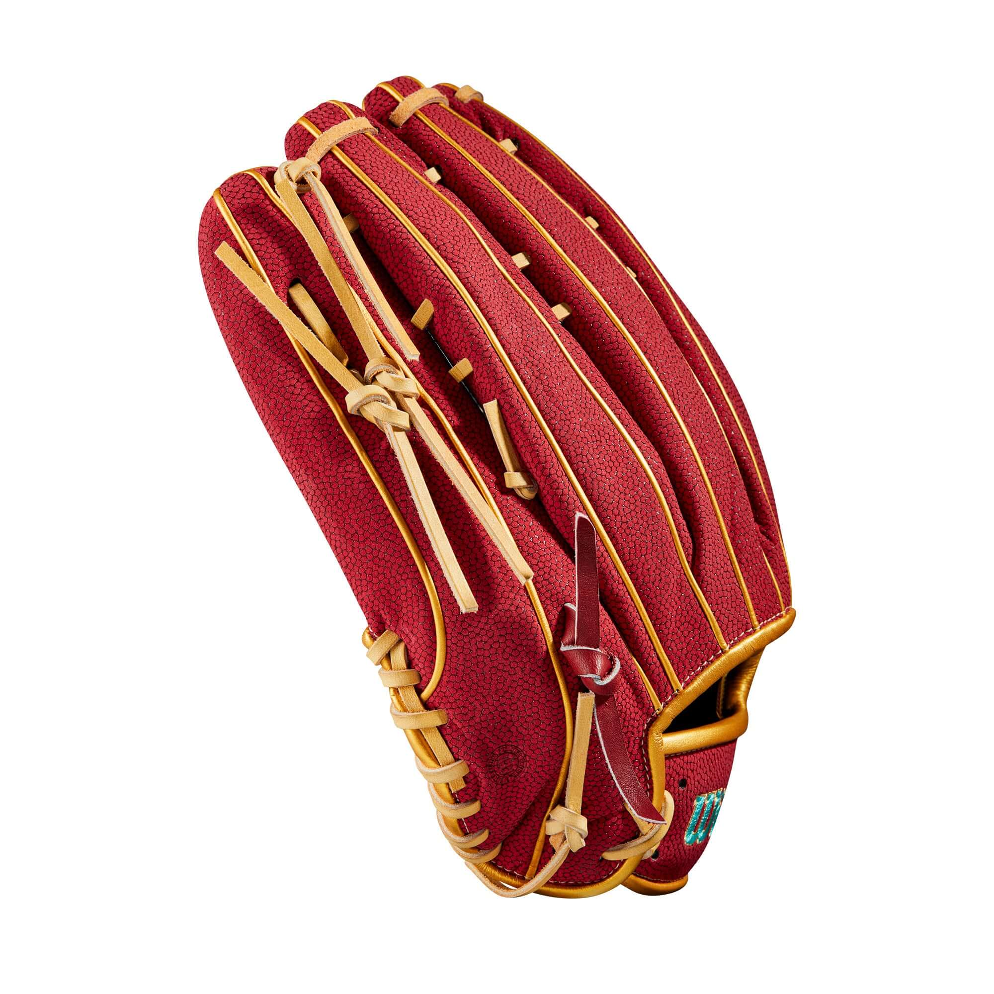 Custom Wilson A2000 1806 baseball glove in brick red and black with single post web design.