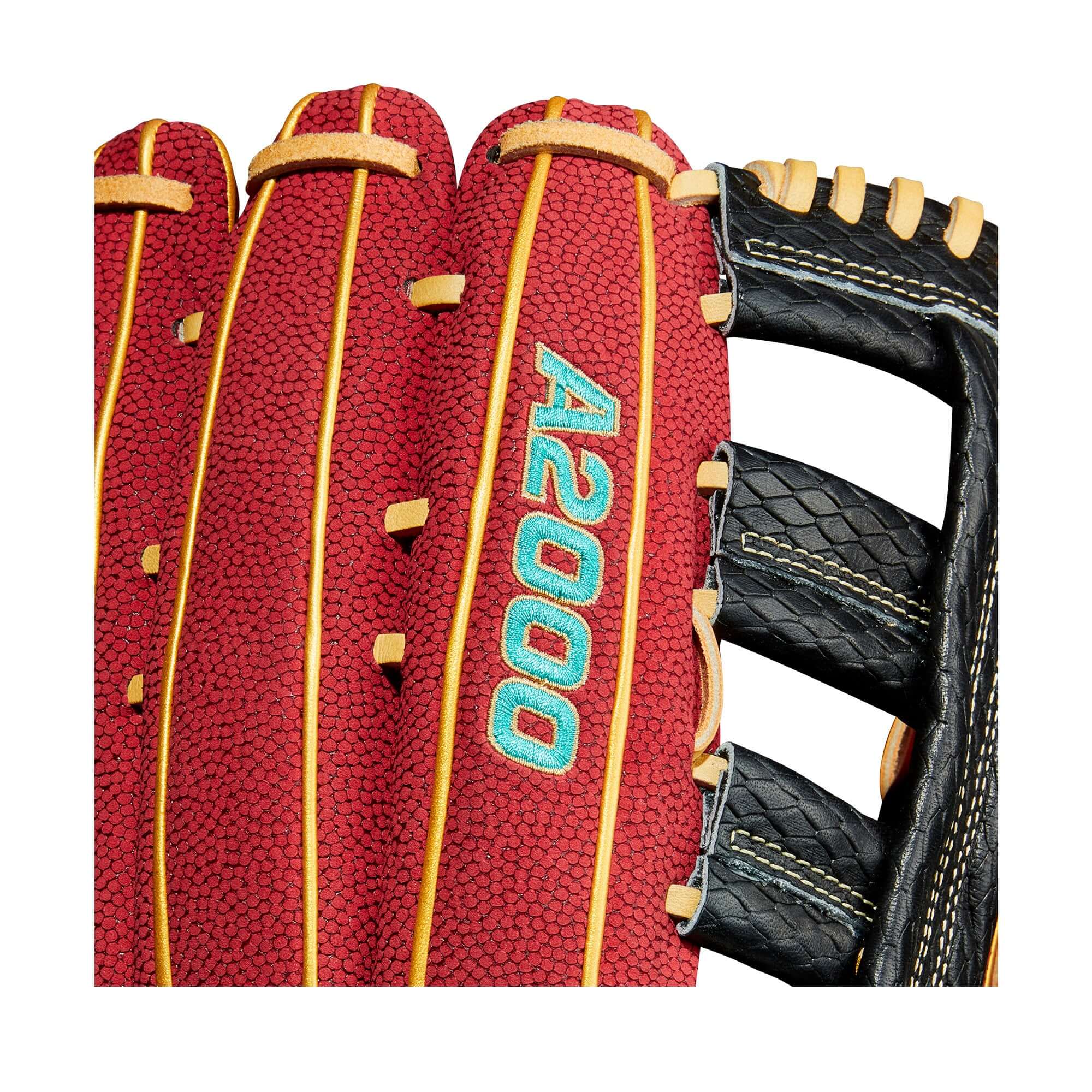 Close-up of Wilson A2000 1806 custom baseball glove in brick red and black, showcasing intricate design.