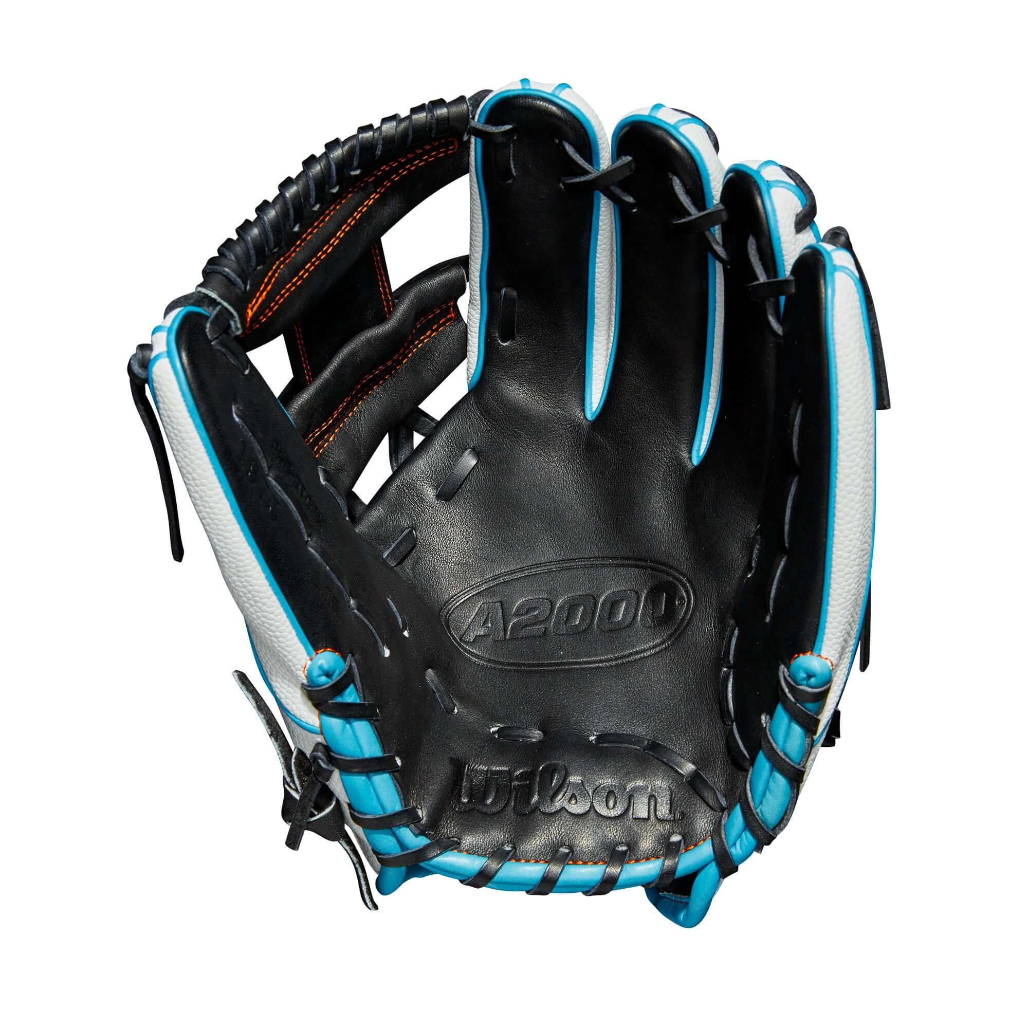 Wilson A2000 1975 SS baseball glove featuring black and tropical blue design, perfect for serious players.