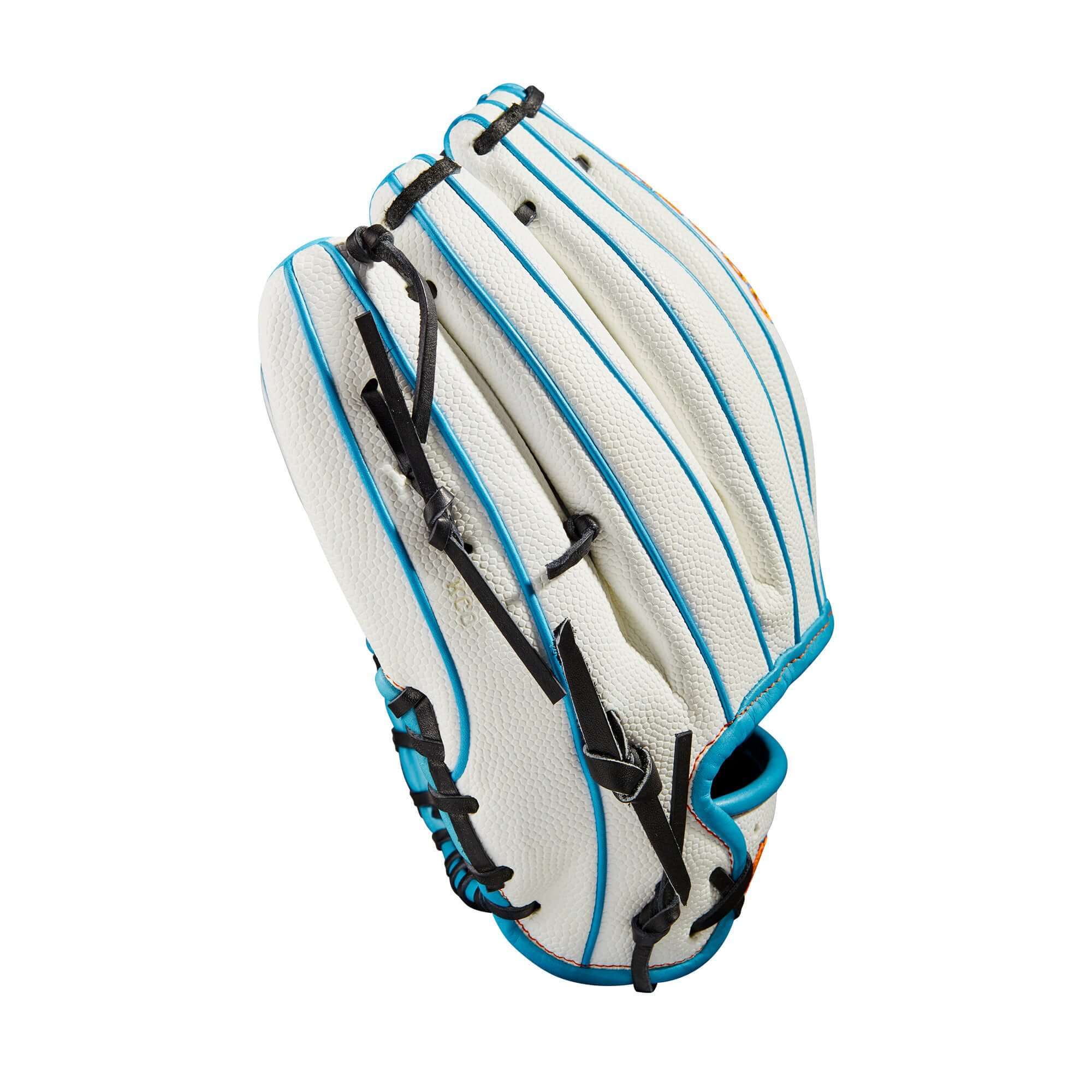 Wilson A2000 1975 SS baseball glove in white and tropical blue, designed for top performance and fit.