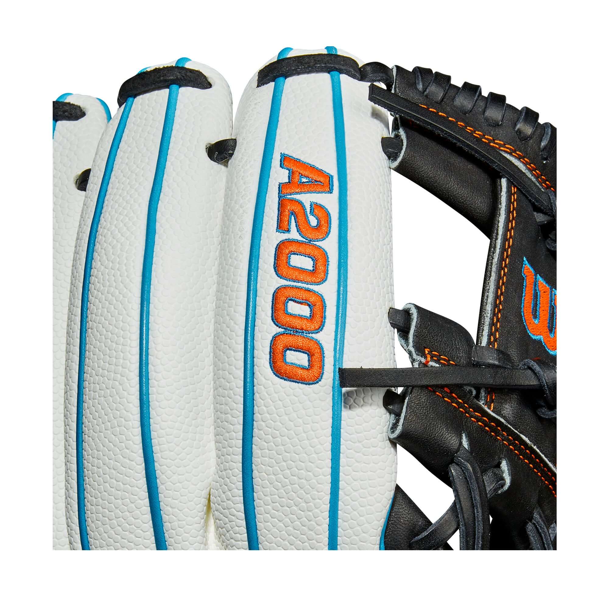 Close-up of Wilson A2000 baseball glove showcasing navy and white leather with vibrant blue accents.