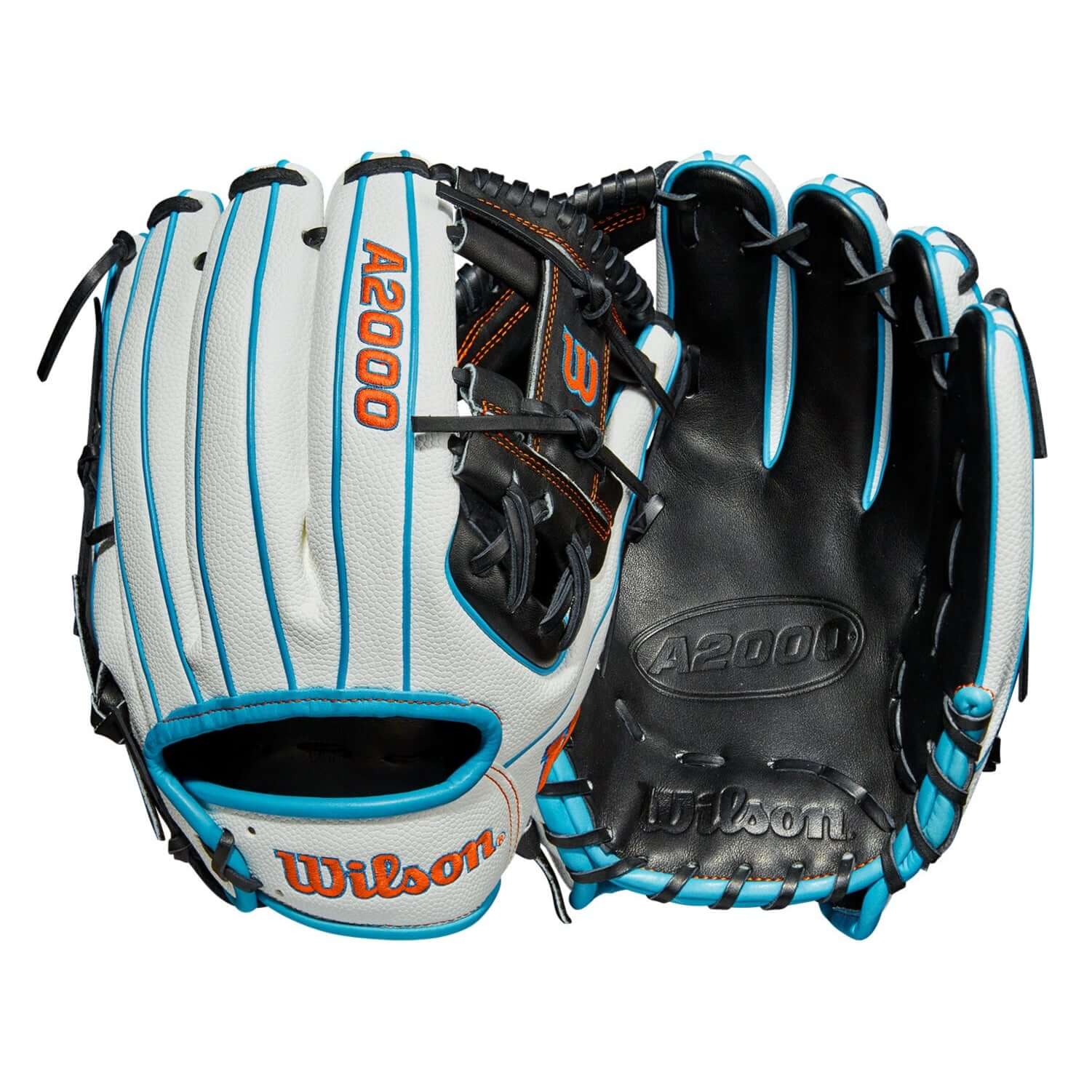 Wilson A2000 May 2021 Custom baseball glove in black and tropical blue, showcasing premium Pro Stock leather design.