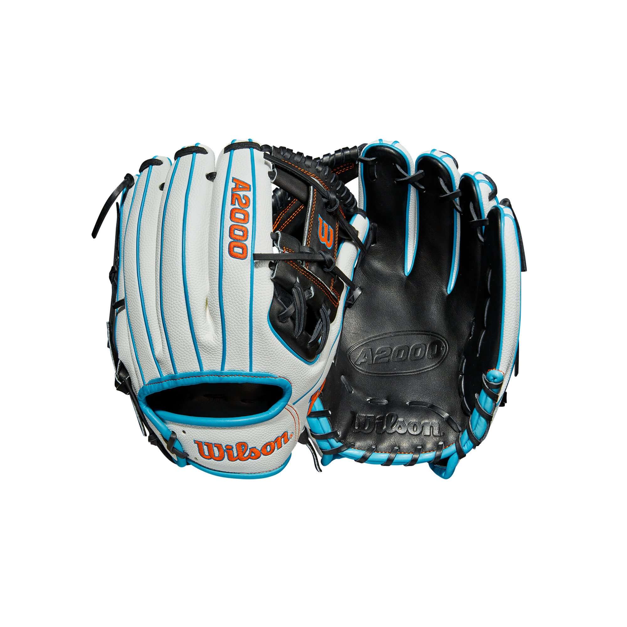 Wilson A2000 1975 SS baseball glove in black and tropical blue Pro Stock® leather.