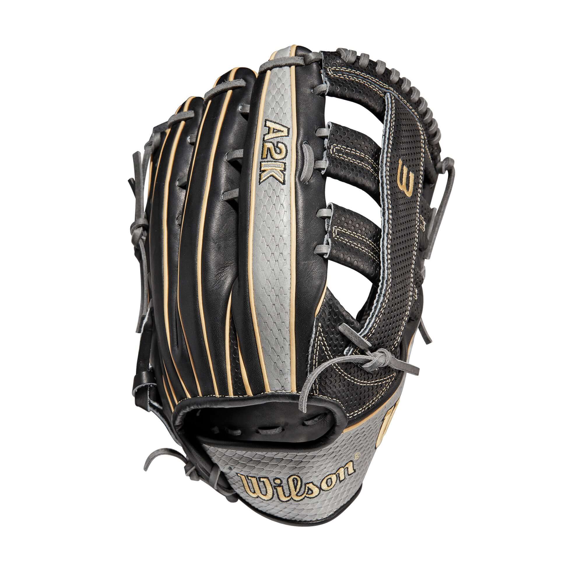 Wilson A2K 1775 12.75 Grey SnakeSkin/Black/Blonde outfield glove with Spin Control Technology.