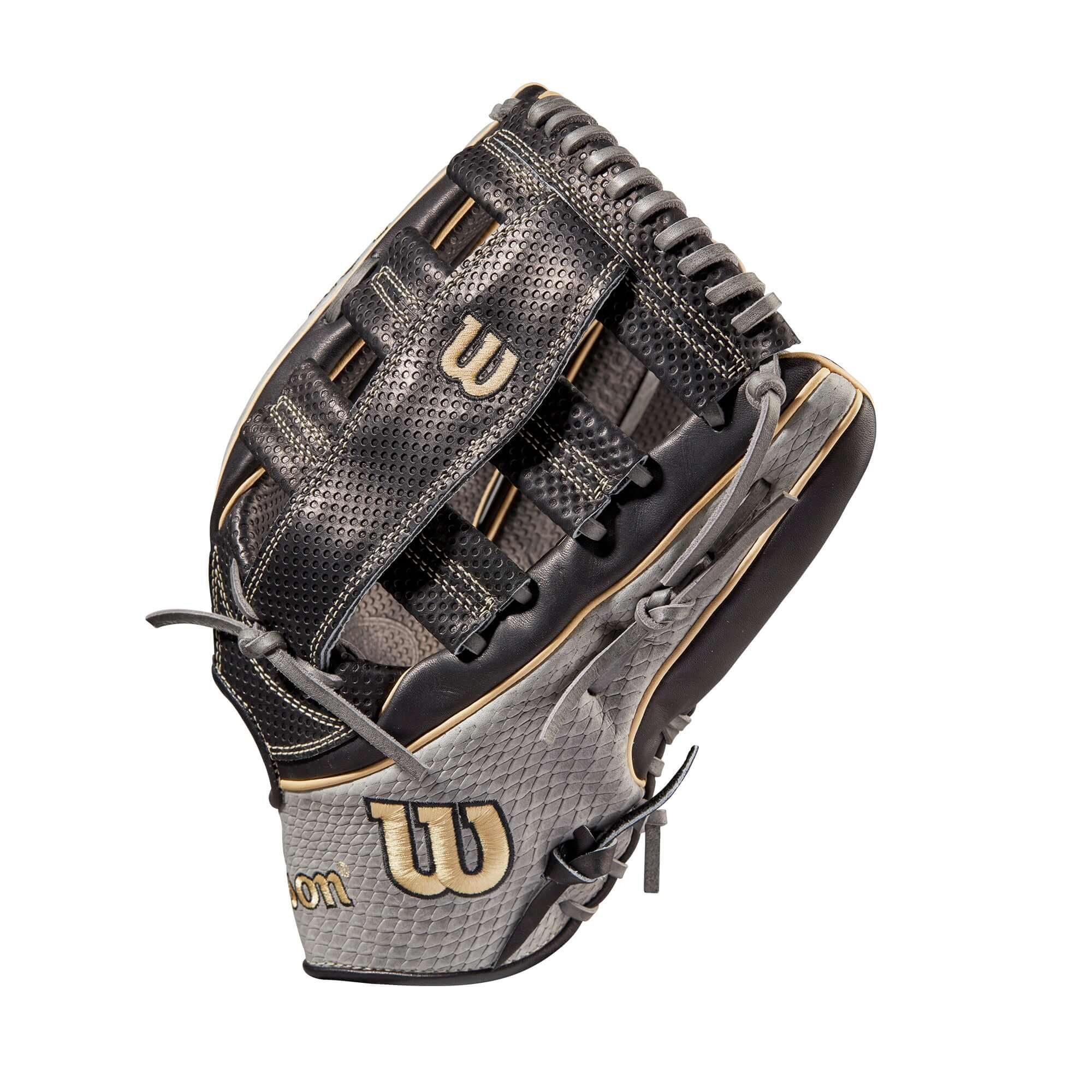 Wilson A2K 1775 12.75 Grey SnakeSkin/Black/Blonde outfield glove with Spin Control Technology.