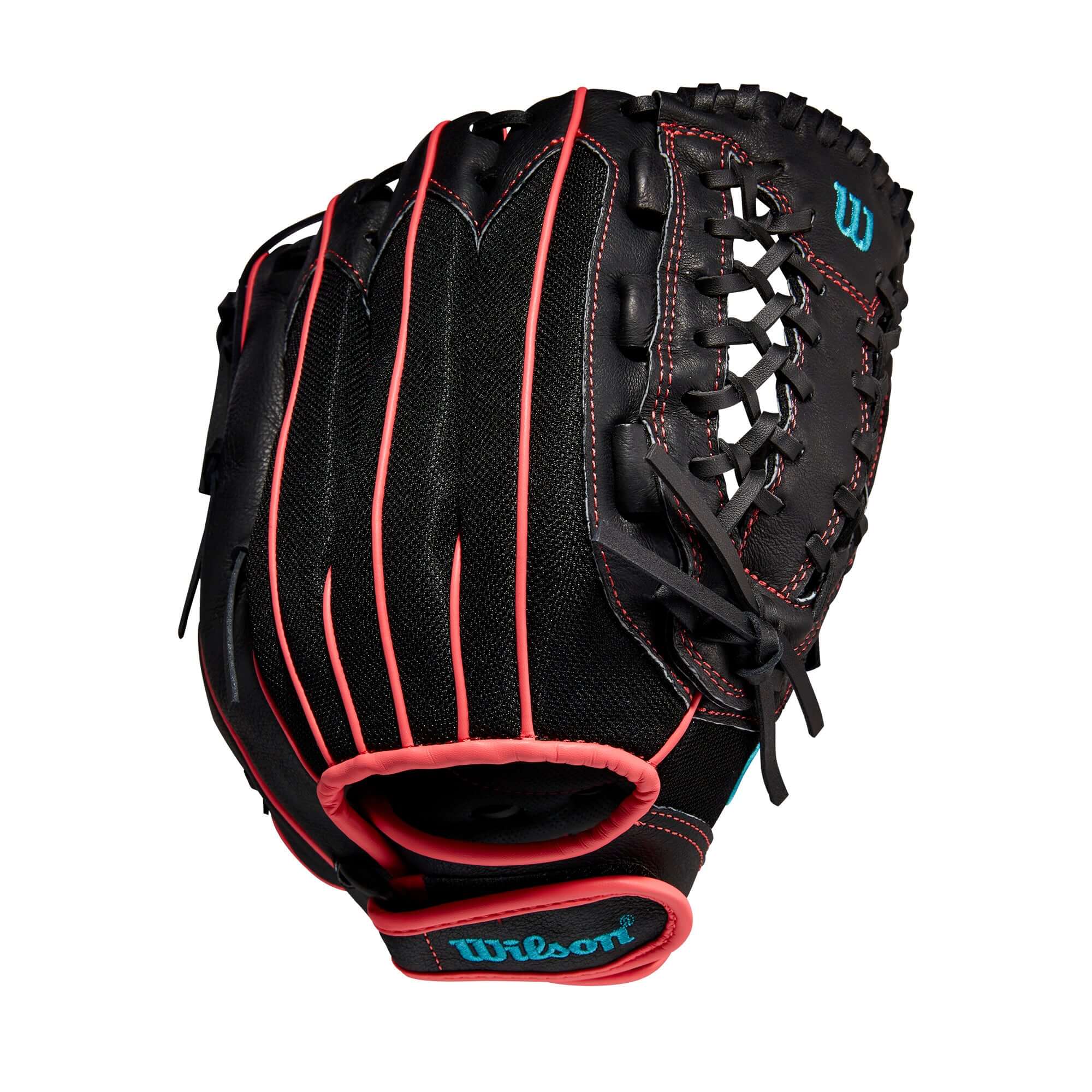 Wilson Flash 12 LHT Fastpitch Outfield Glove in Black, Pink, and Tropical Blue