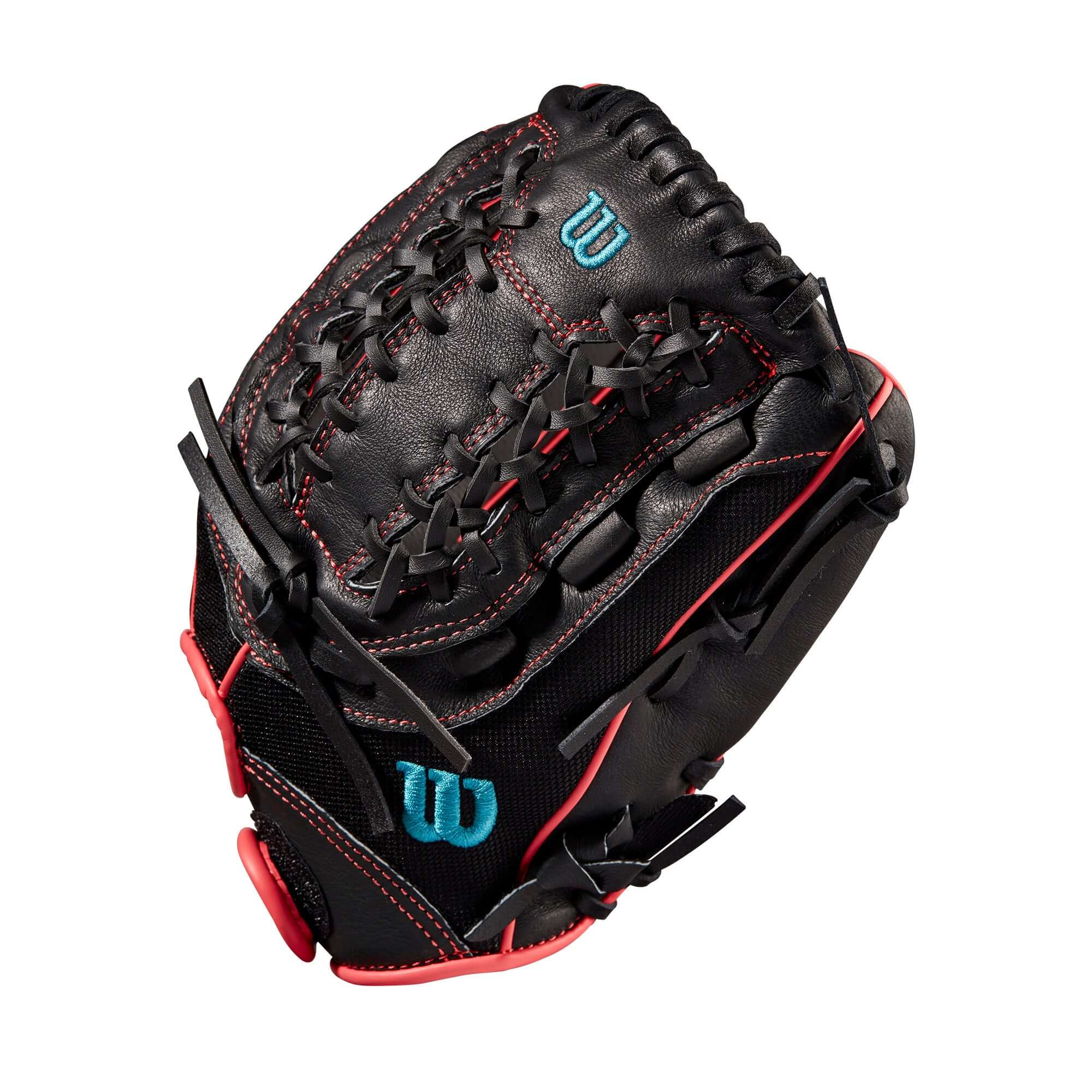 Wilson Flash 12 LHT Fastpitch Outfield Glove in Black, Pink, and Tropical Blue