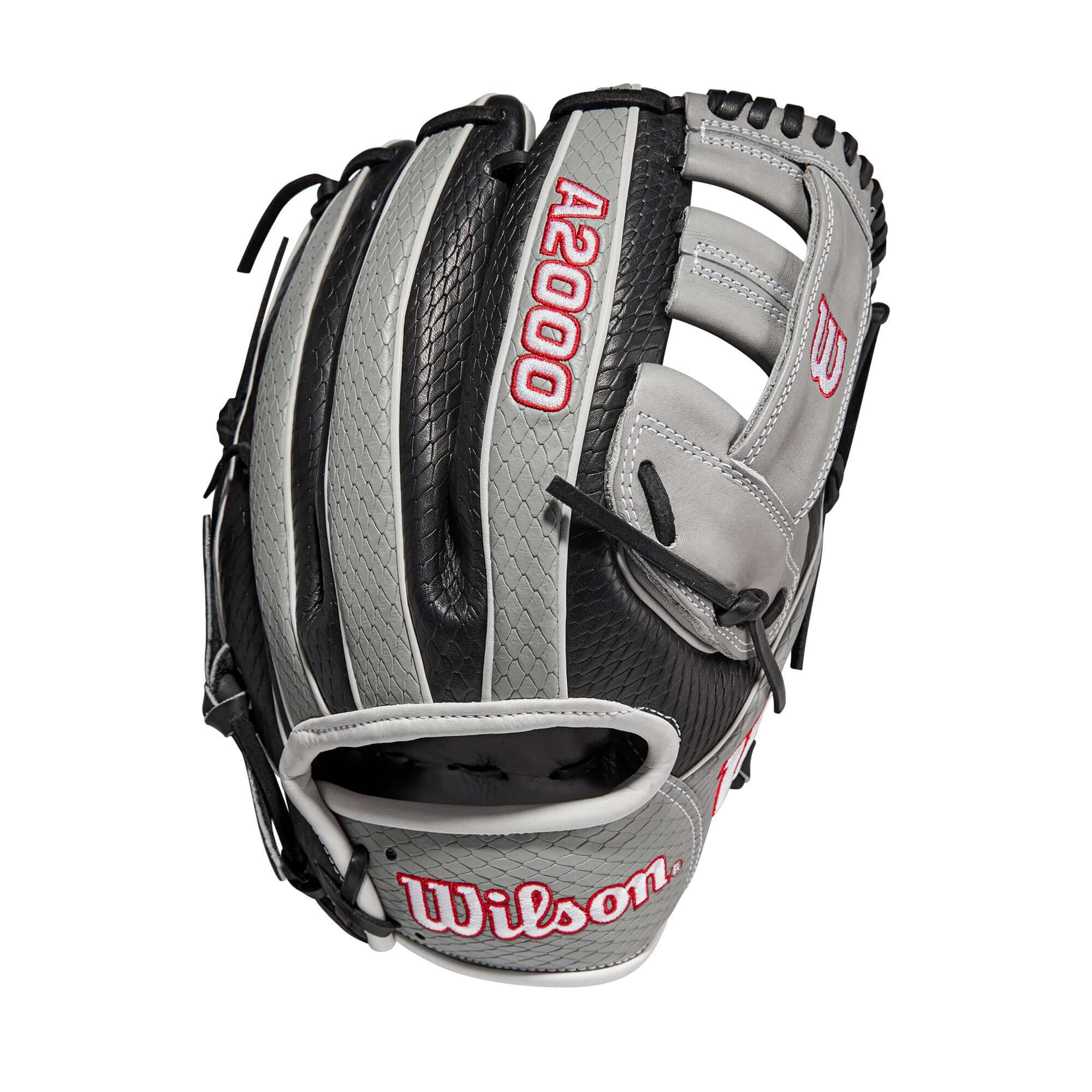 Black and grey Wilson A2000 SuperSkin glove with SuperSnakeSkin for reduced weight and moisture resistance.