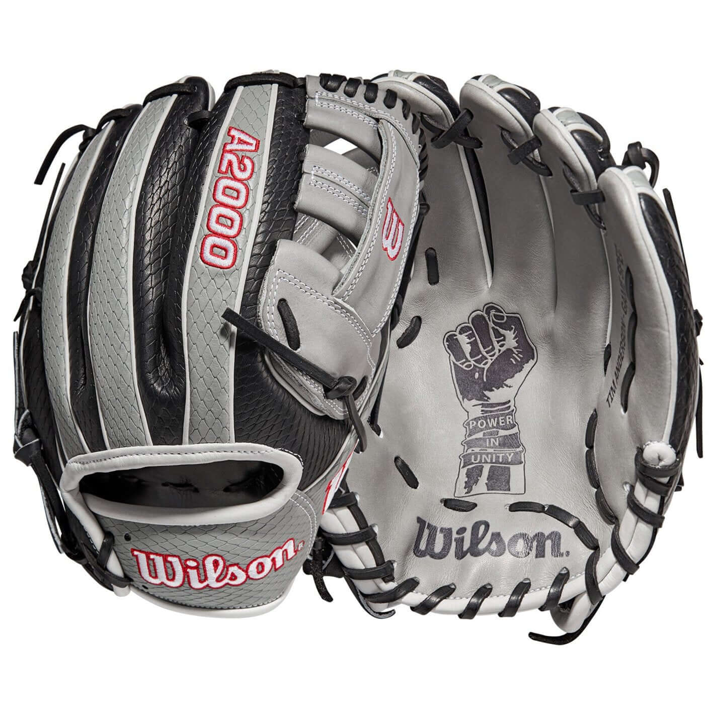 Wilson A2000 SuperSkin T. Anderson GM 11.5" glove in black/grey, featuring lightweight SuperSnakeSkin and Pro Stock leather.