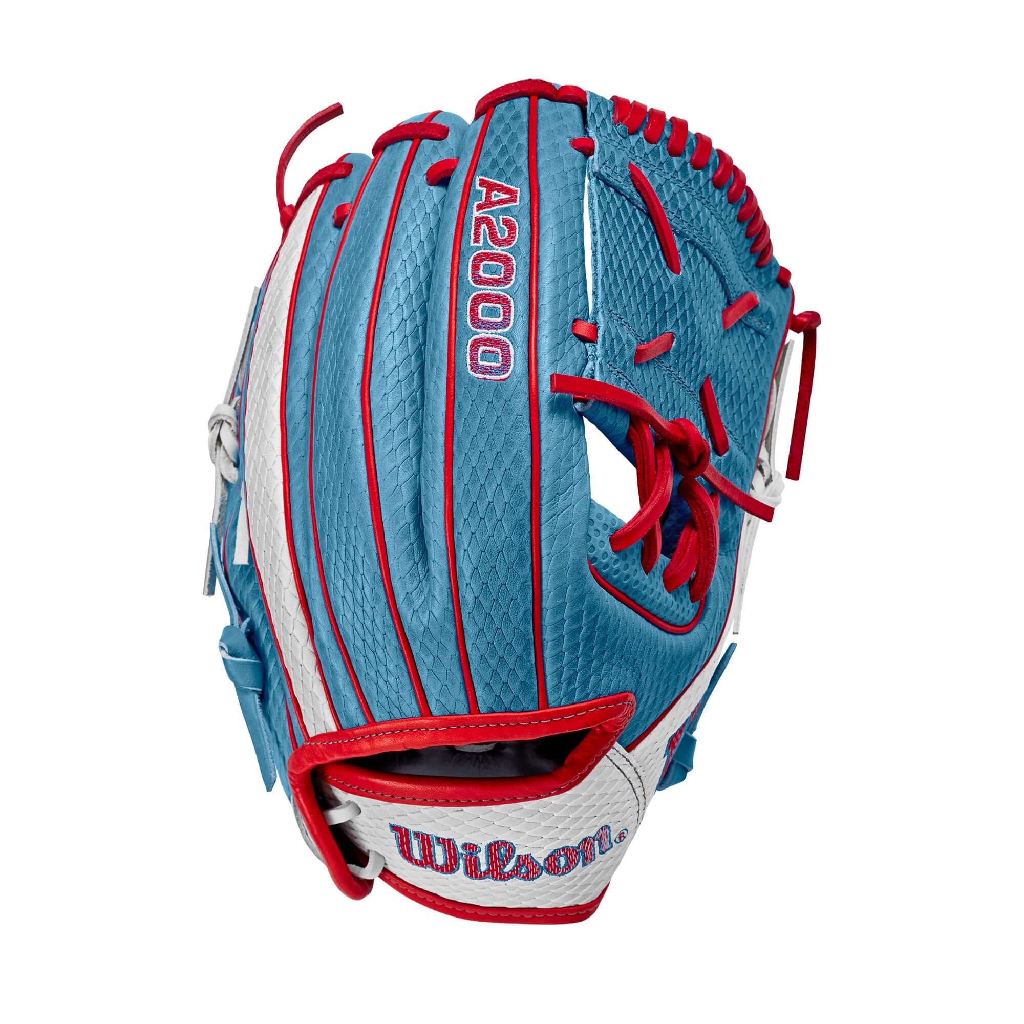 Wilson A2000 Kelsey Stewart GM baseball glove in Sky Blue and White with Spin Control, featuring a stylish design.