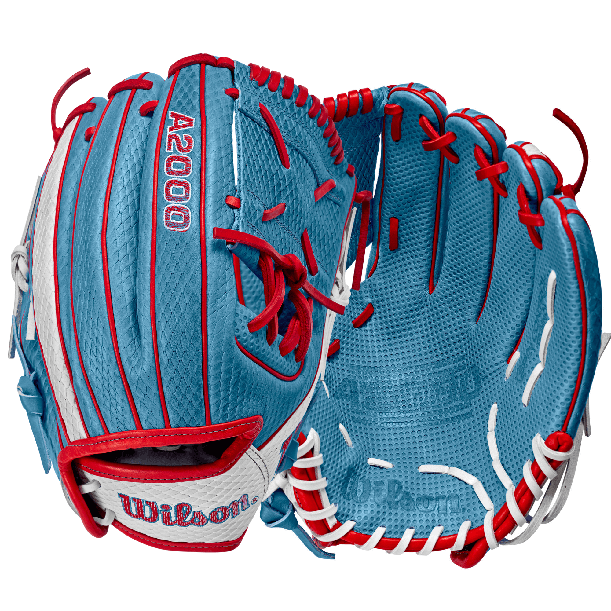 Wilson A2000 2022 Kelsey Stewart GM baseball glove in Sky Blue and White with red accents.