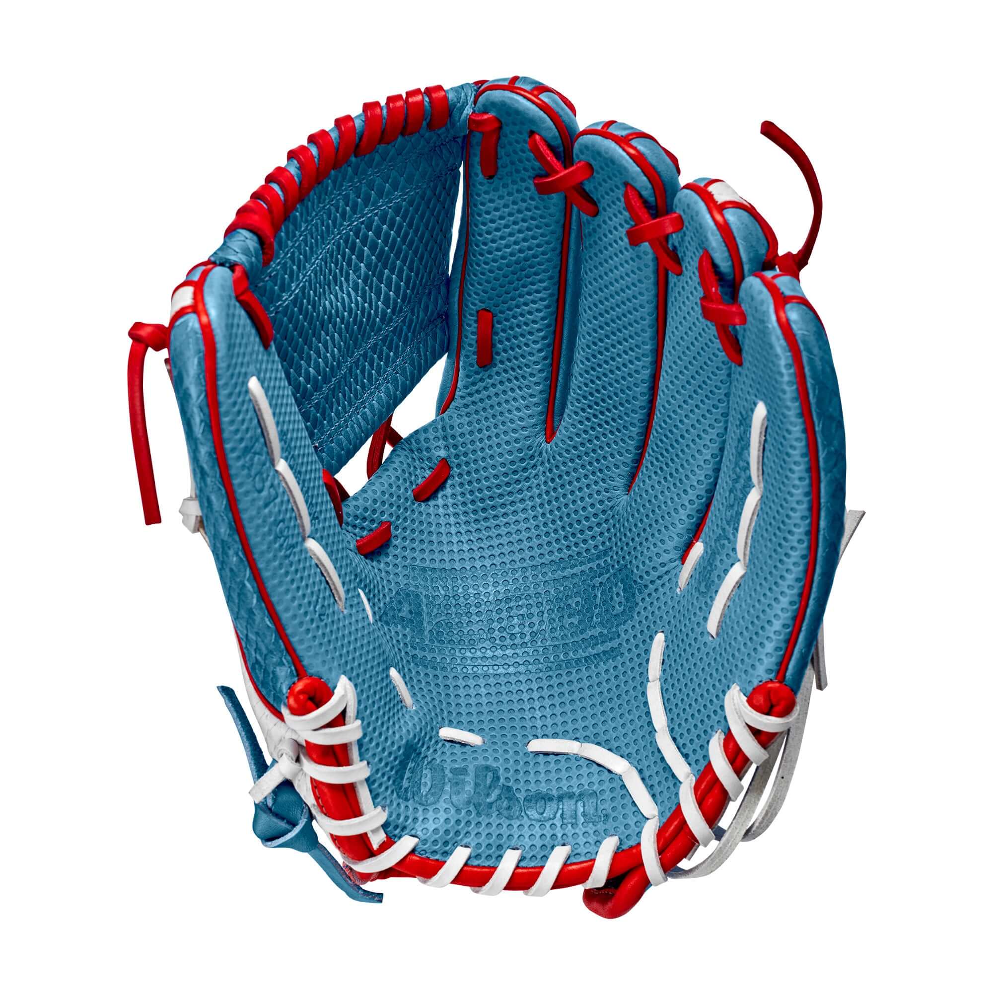 Wilson 2022 A2000 Kelsey Stewart baseball glove interior view in sky blue and white with red accents.