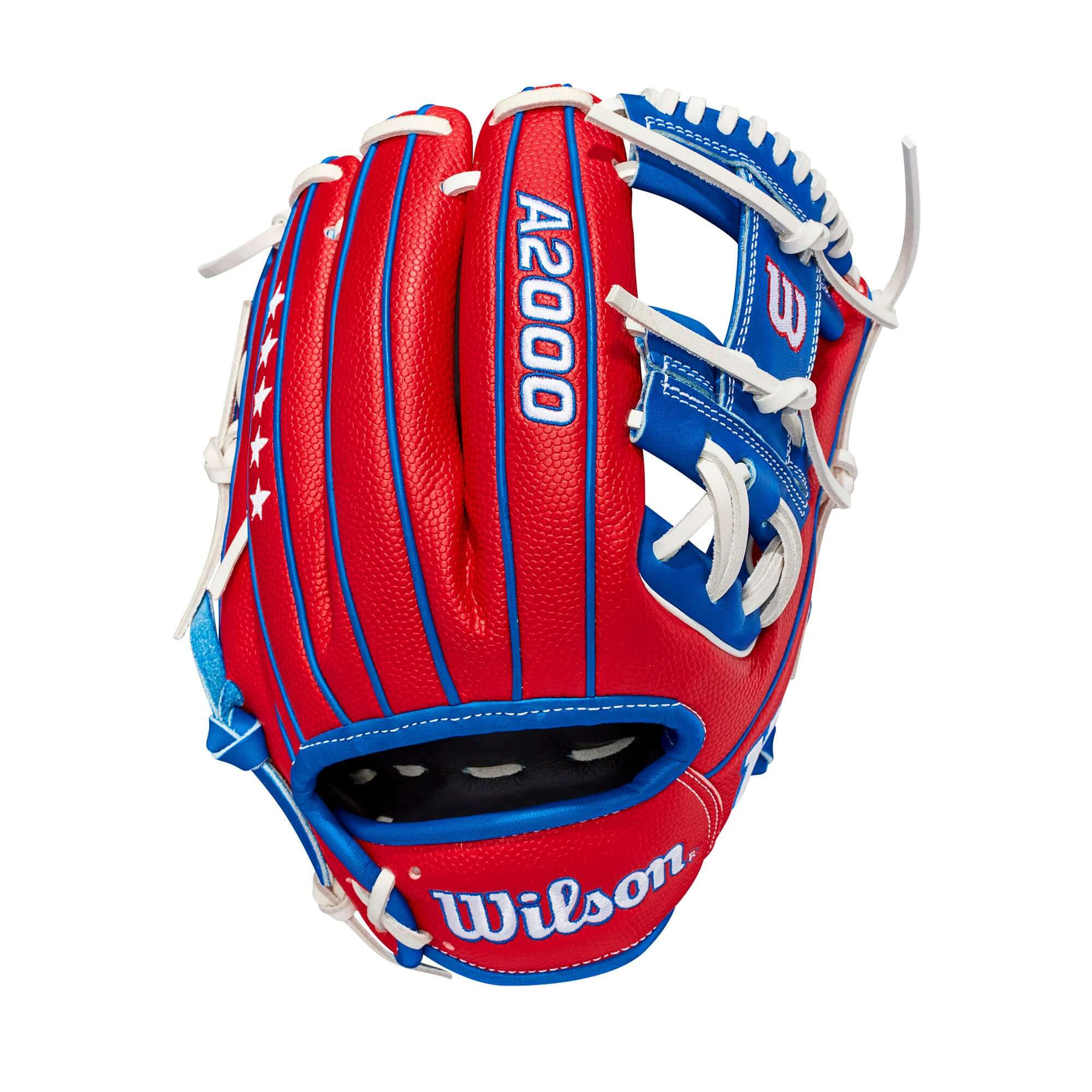 Wilson A2000 1786 glove in red and blue, featuring patriotic design for July 2021 GOTM.