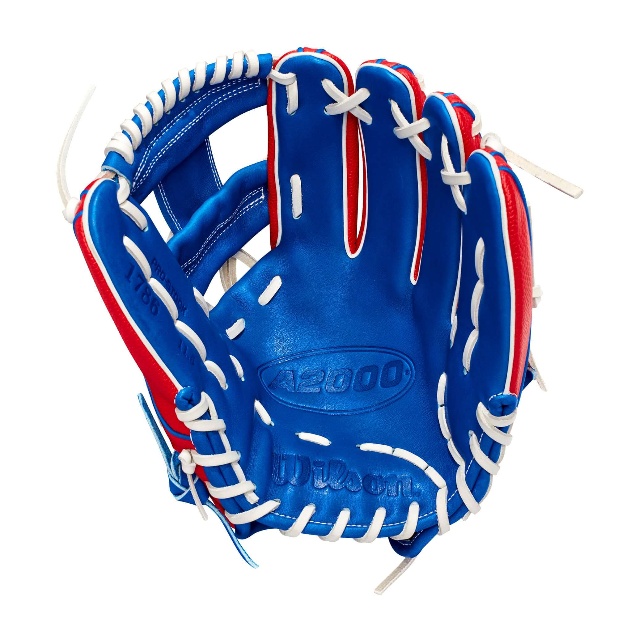 Wilson A2000 1786 custom glove in red and blue with white logos, perfect for Independence Day play.