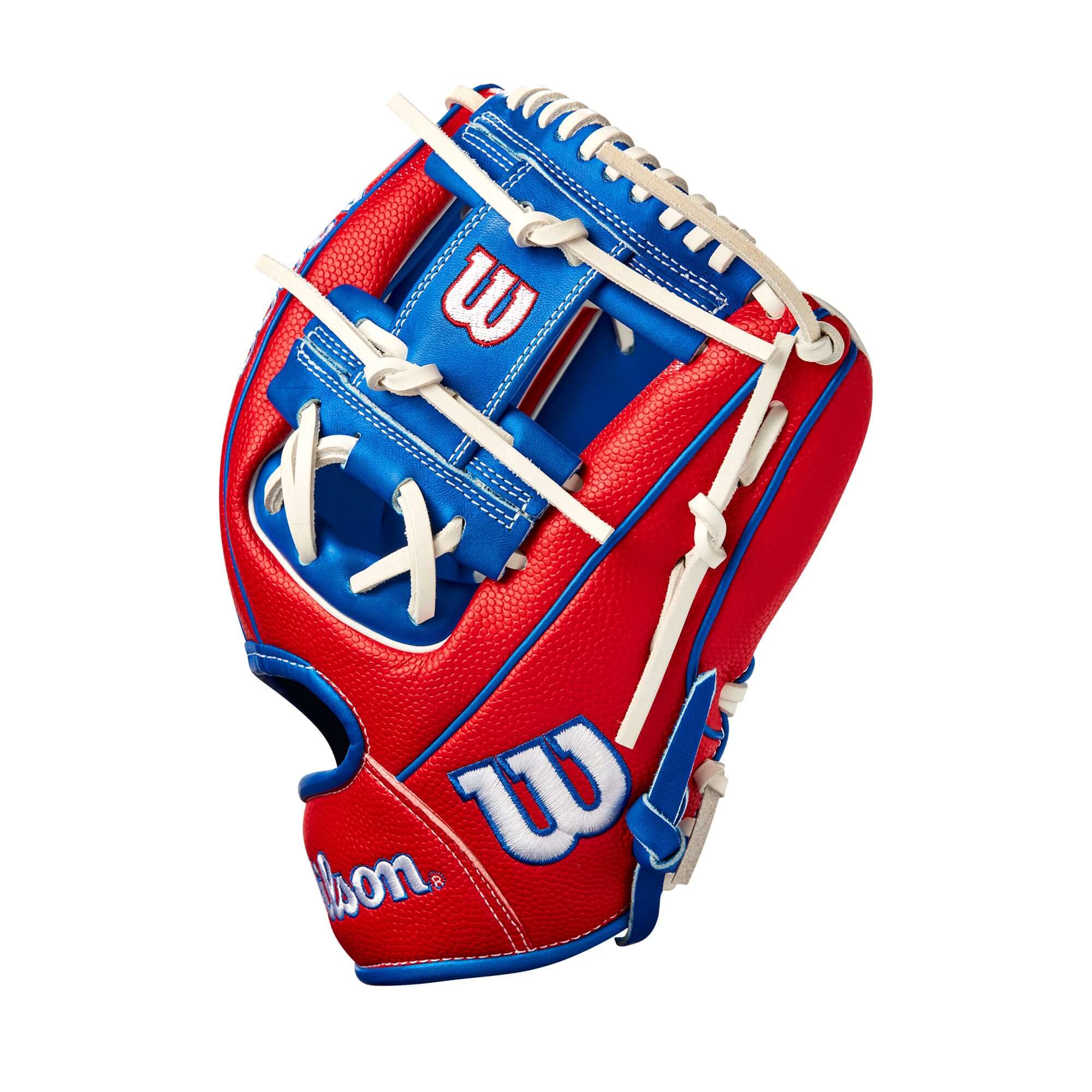 Wilson A2000 1786 custom glove featuring red and blue colors, patriotic design for Independence Day.