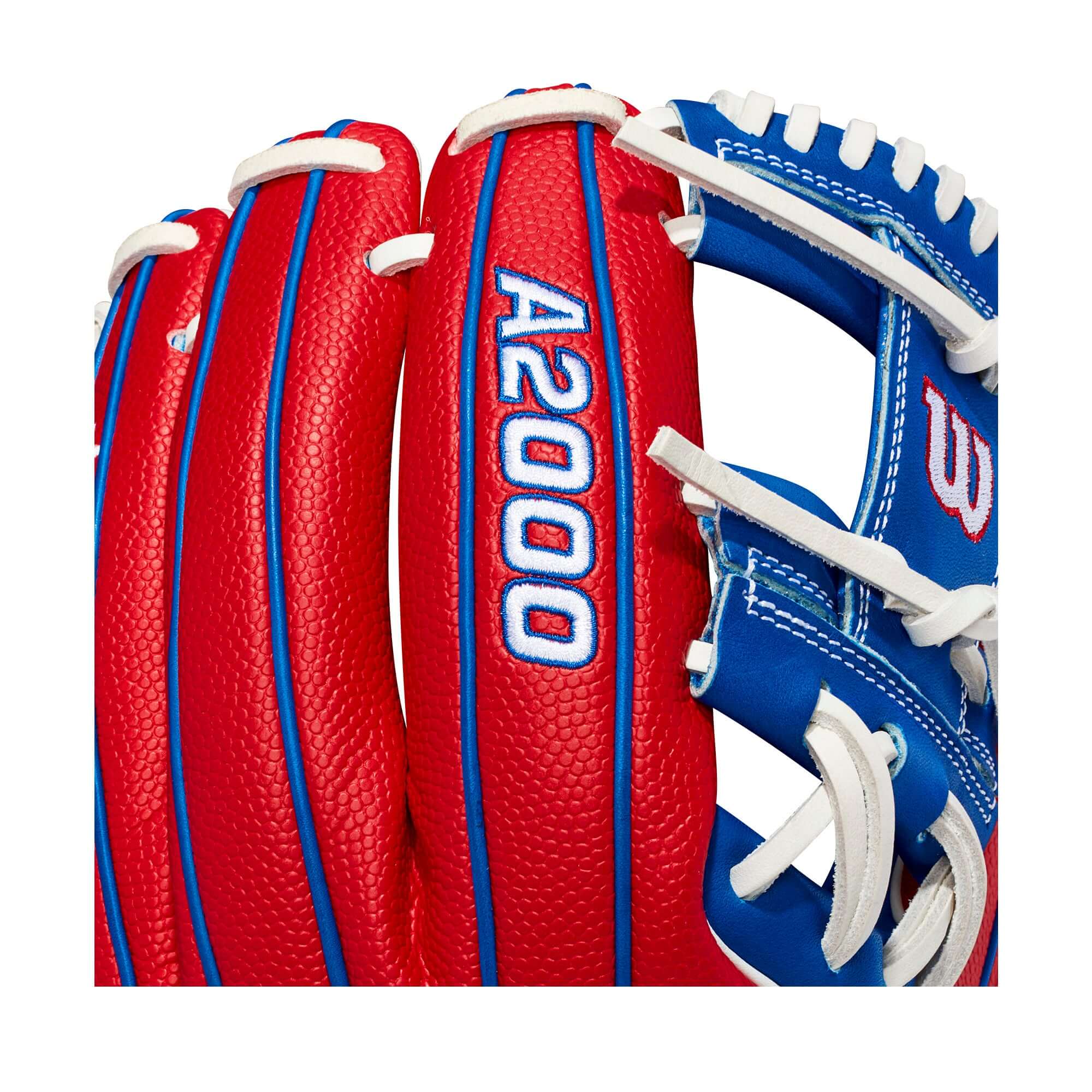 Close-up of Wilson 100 GOTM July 2021 custom A2000 1786 glove with red and blue design.