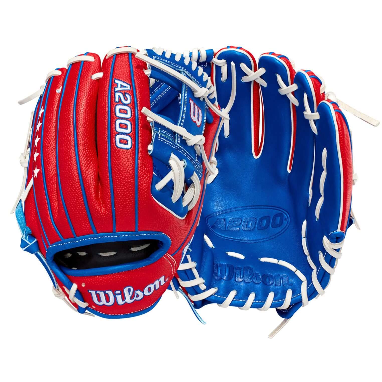 Wilson A2000 custom glove, red SuperSkin and blue Pro Stock leather, July 2021 GOTM, Independence Day design.
