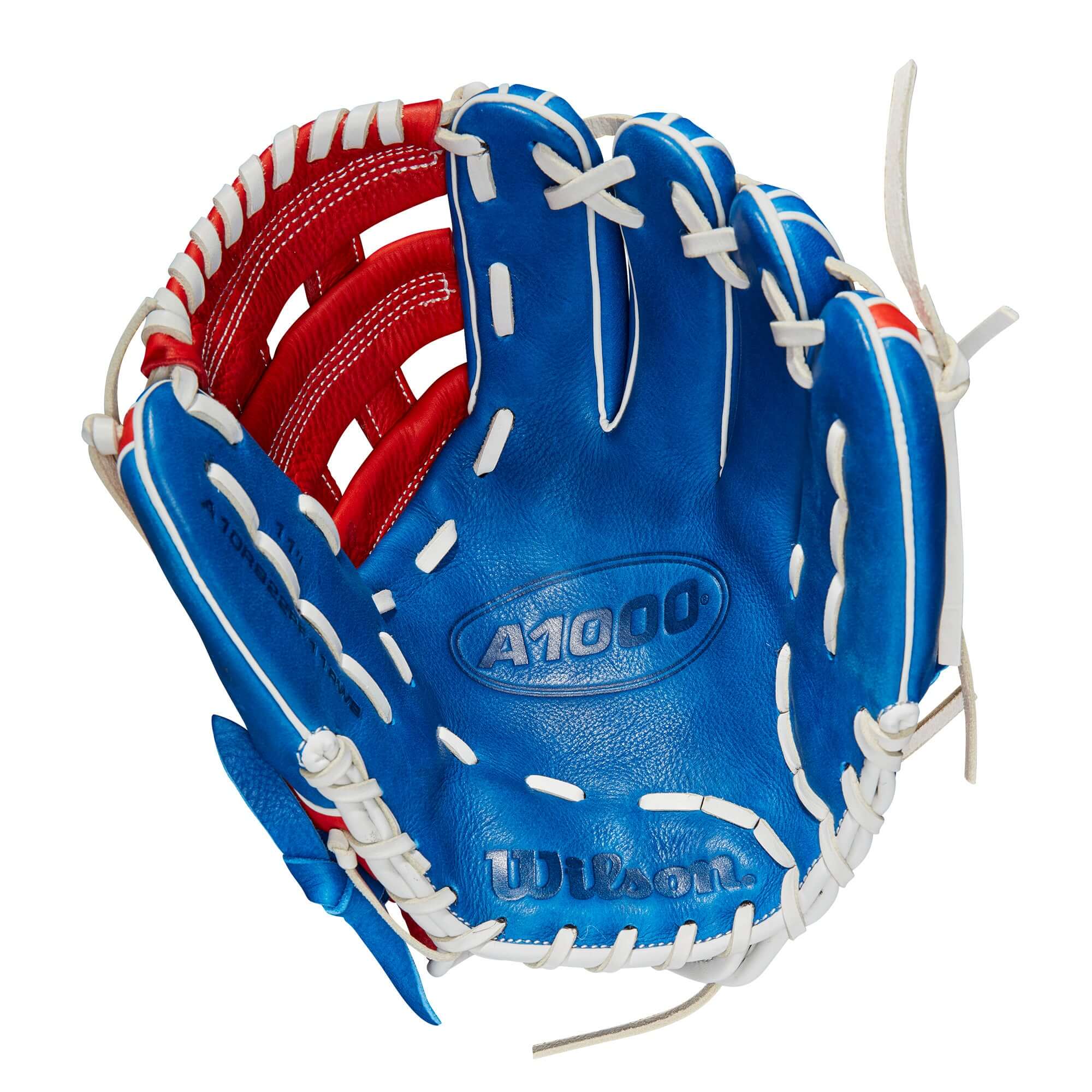 Wilson A1000 PF11 baseball glove in royal blue, red, and white, ideal for infielders with game-ready materials.