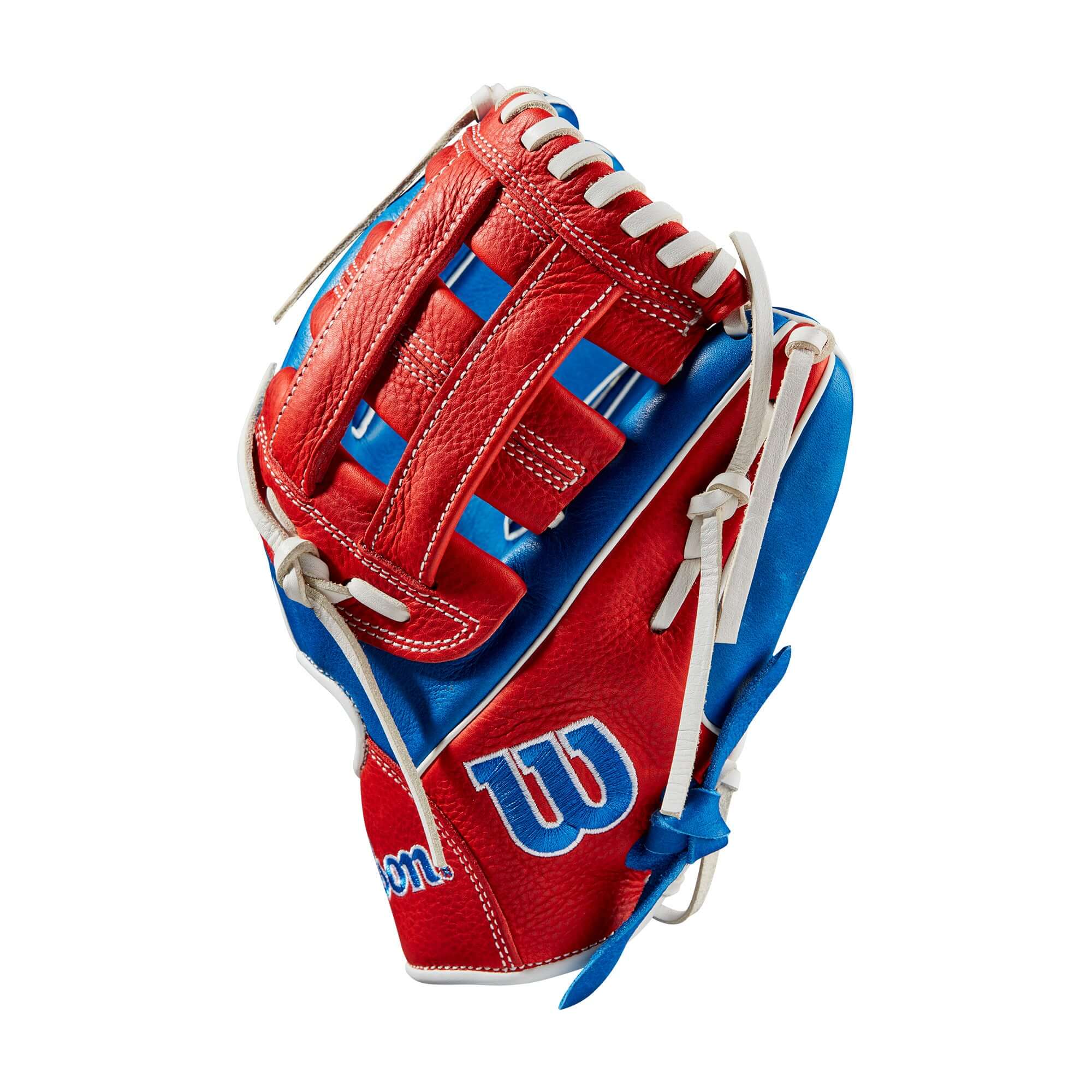 Wilson A1000 PF11 11" infield baseball glove in red, blue, and white colors, featuring a durable, game-ready design.