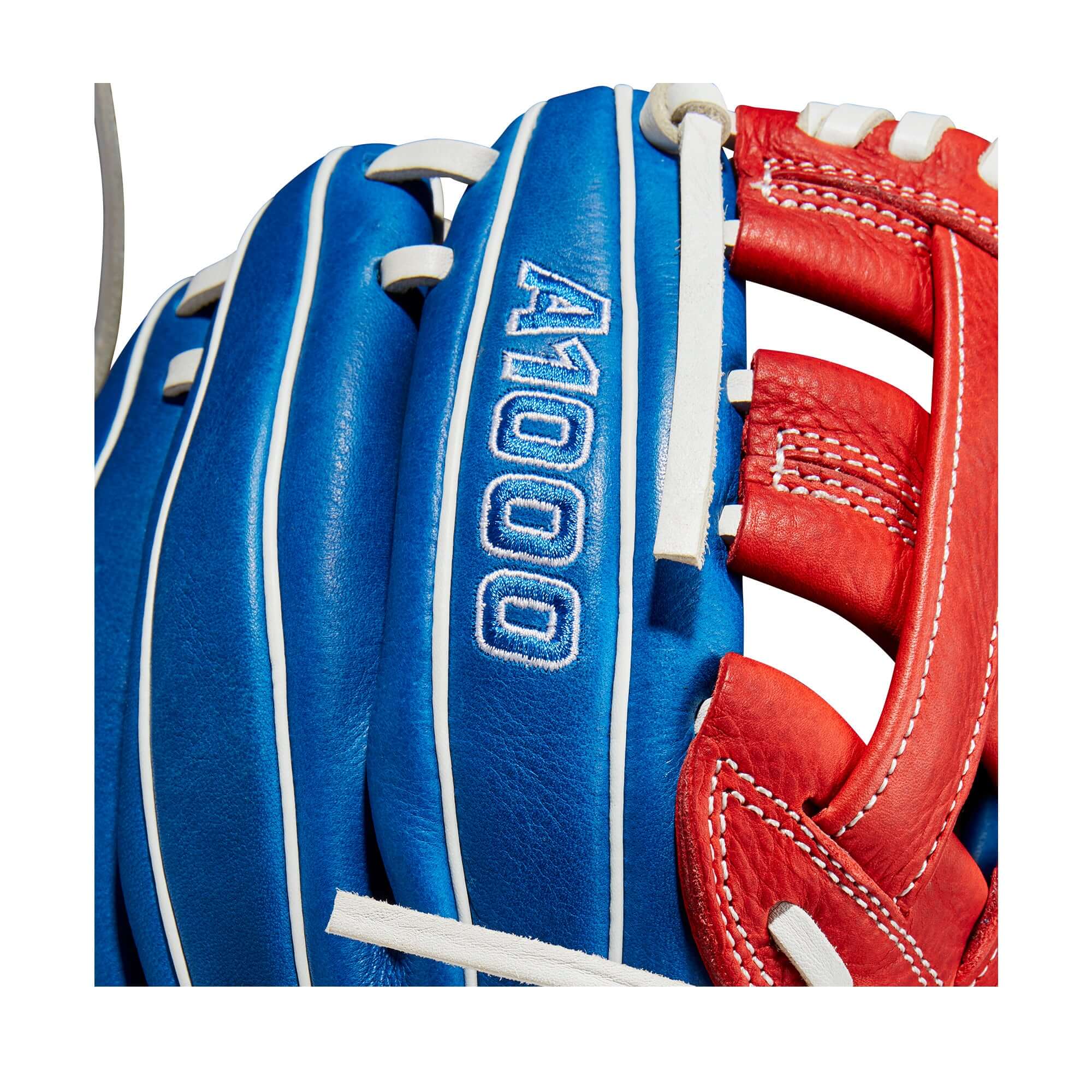 Close-up of Wilson A1000 PF11 baseball glove showcasing blue, red, and white colors with 'A1000' embroidery.