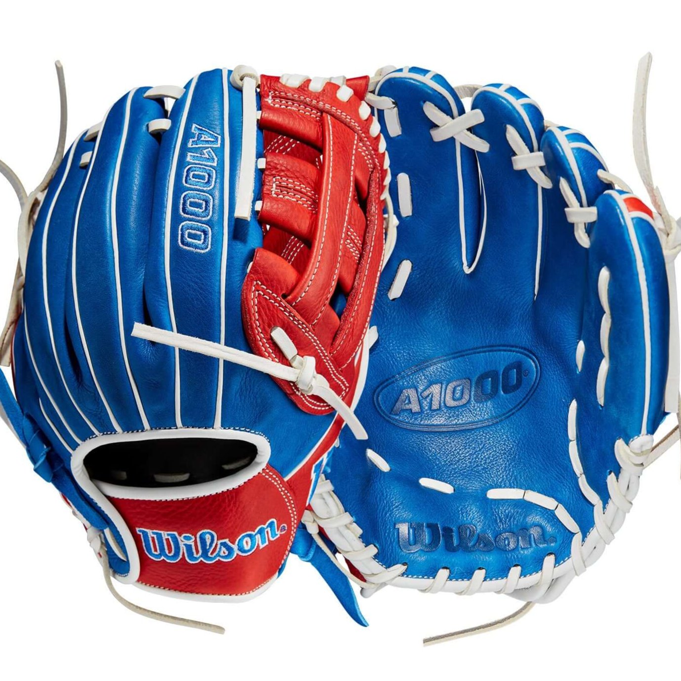 Wilson A1000 PF11 baseball glove in royal blue and red, showing both sides, designed for infield play and comfort.