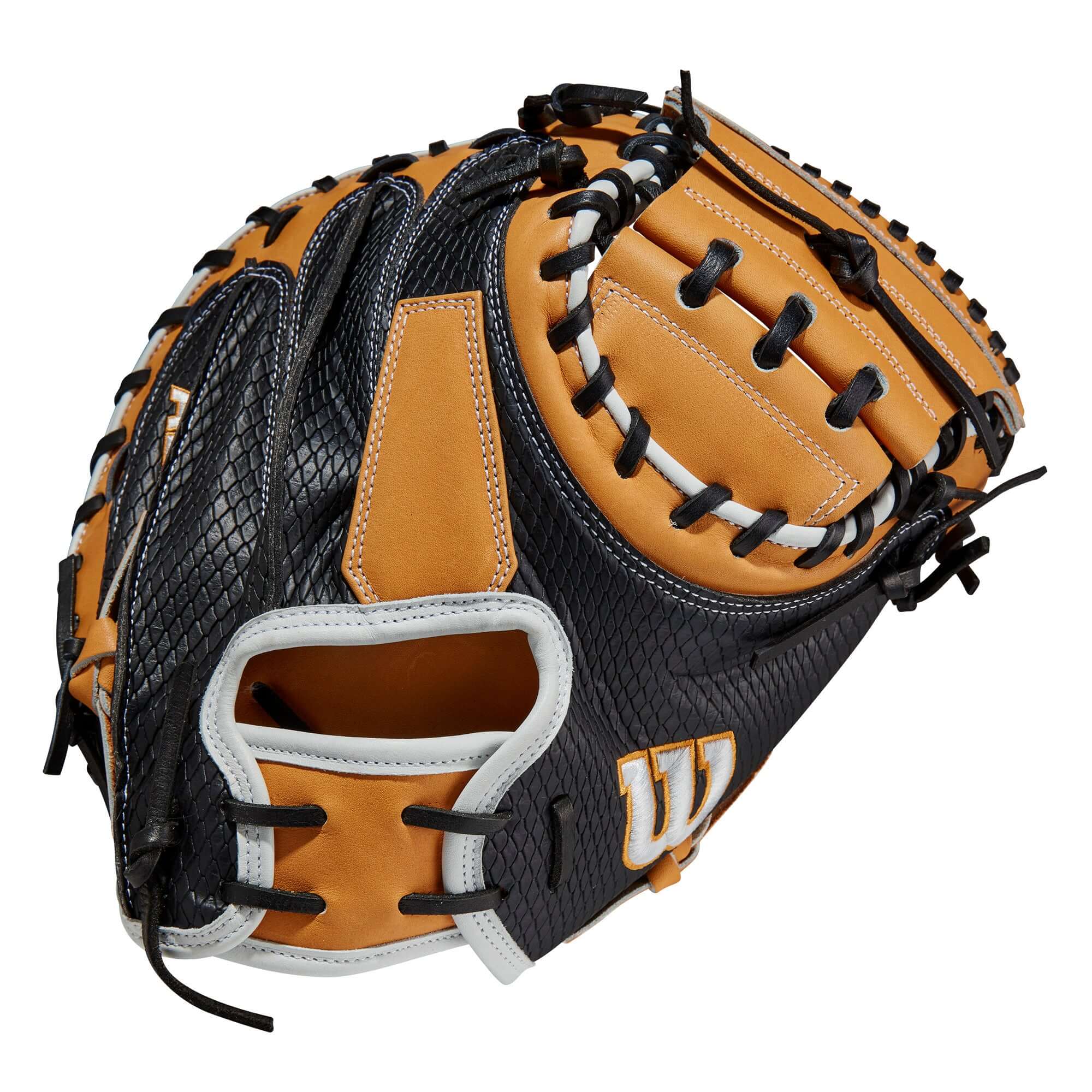 Wilson A2K M1D 33.5 catcher's mitt with SuperSnakeSkin™ for reduced rebound.
