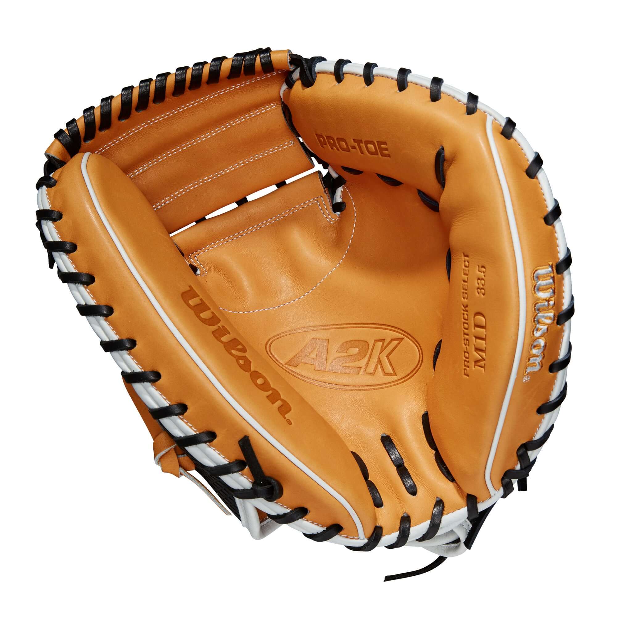Wilson A2K M1D 33.5 catcher's mitt with SuperSnakeSkin™ for reduced rebound.