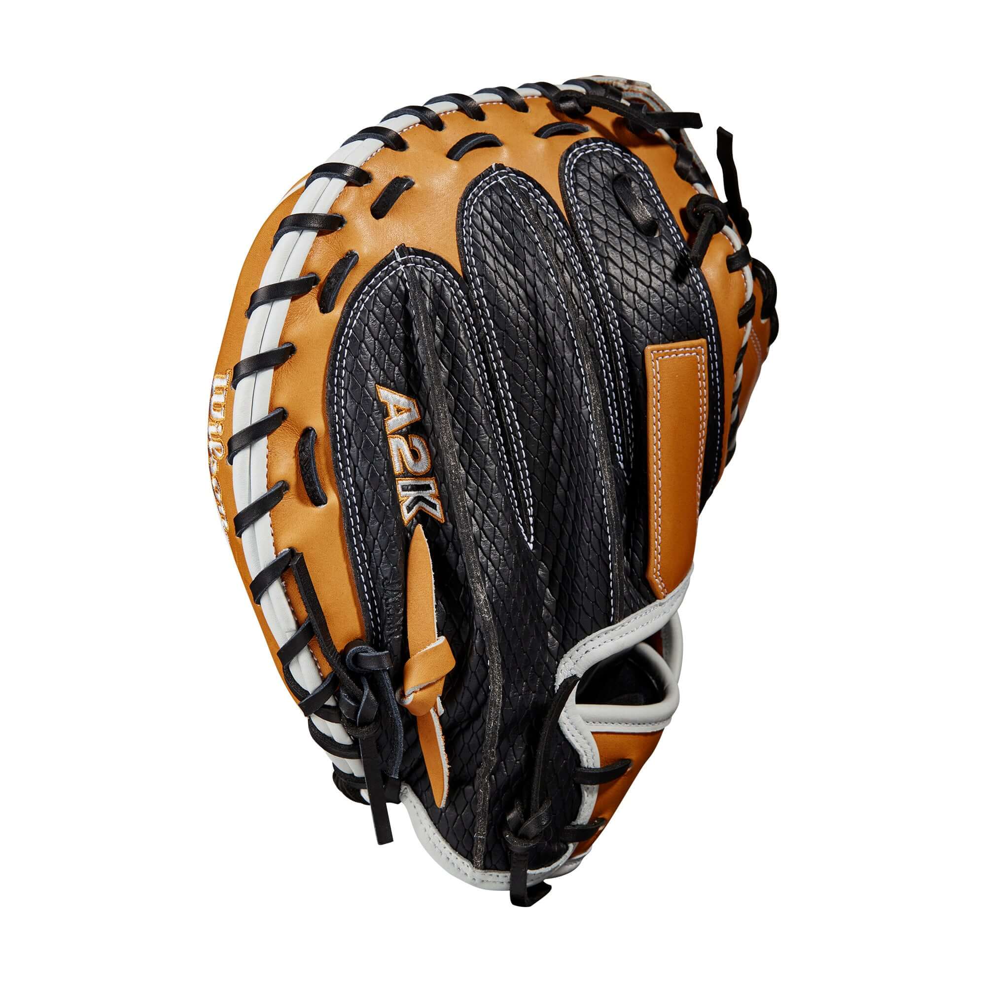 Wilson A2K M1D 33.5 catcher's mitt with SuperSnakeSkin™ for reduced rebound.