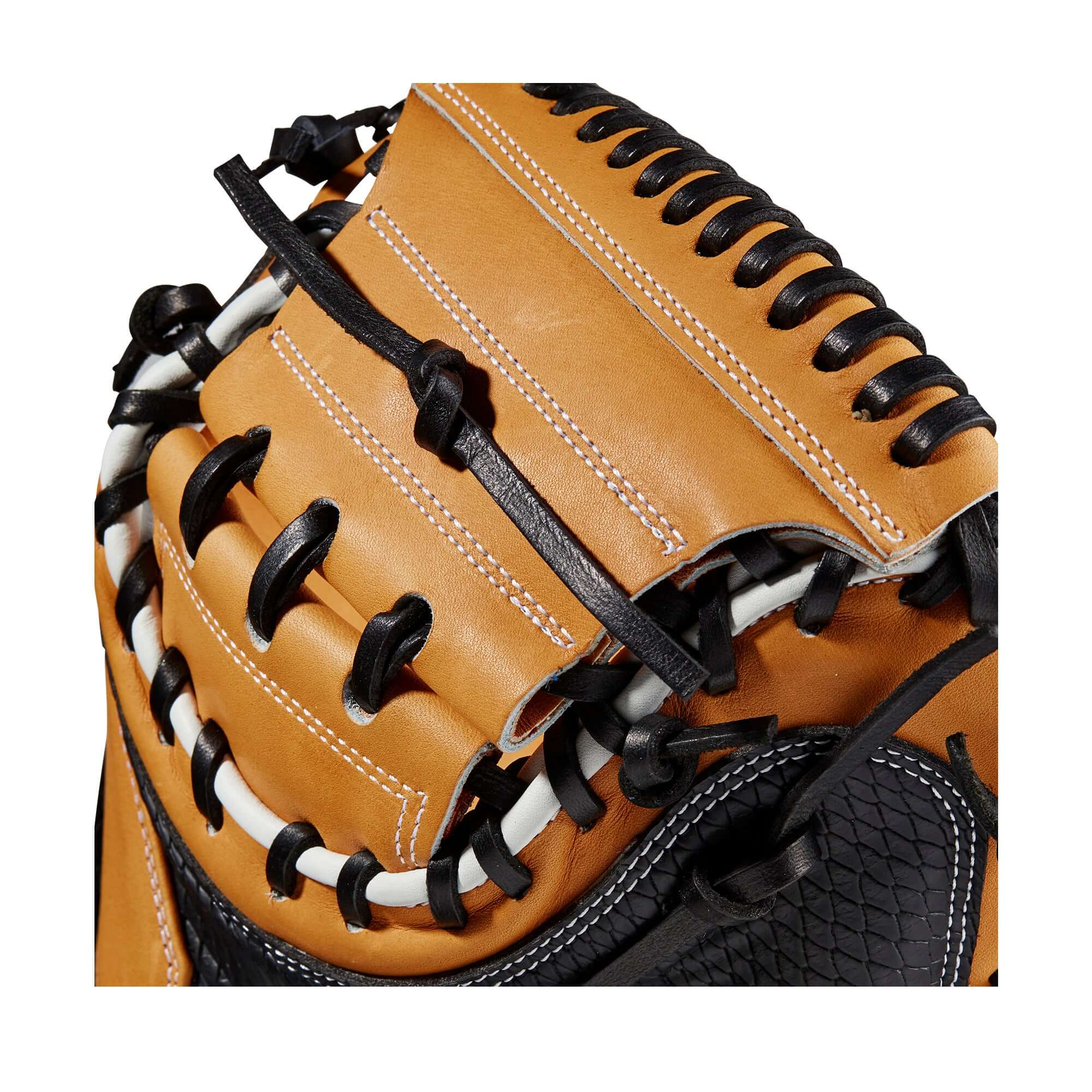 Wilson A2K M1D 33.5 catcher's mitt with SuperSnakeSkin™ for reduced rebound.