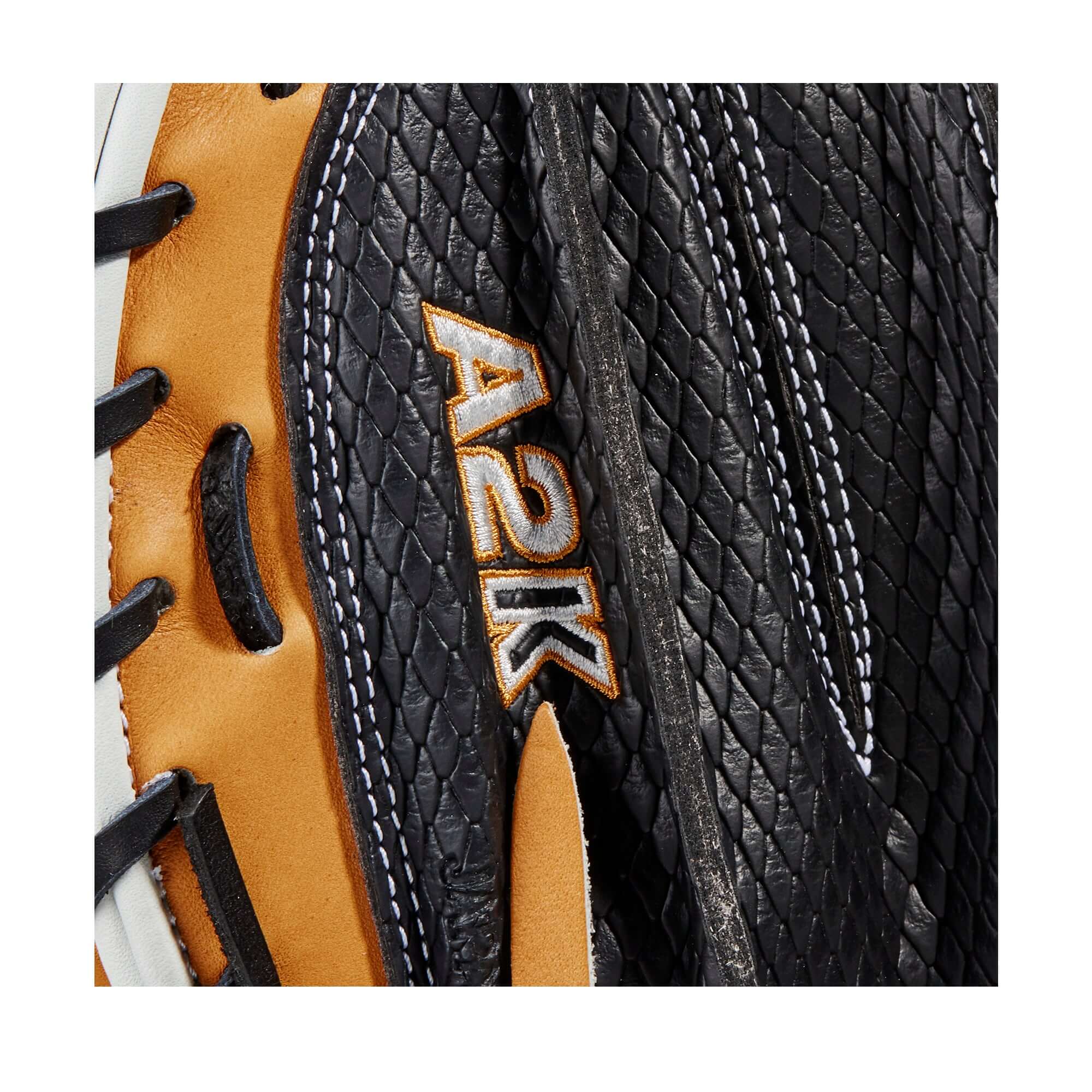 Wilson A2K M1D 33.5 catcher's mitt with SuperSnakeSkin™ for reduced rebound.