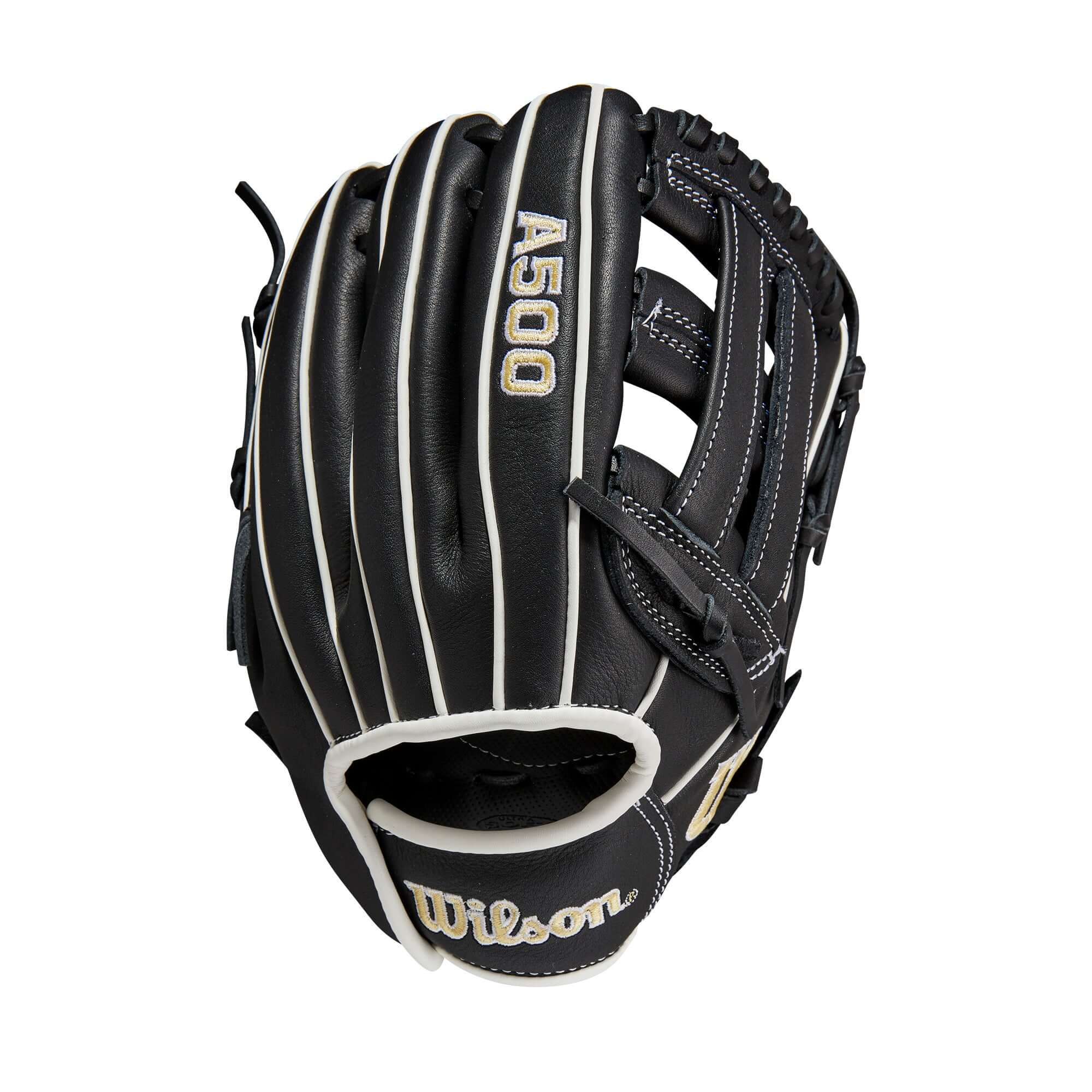 Wilson A500 10.5 baseball glove, black, white, and blonde colors, open dual post web