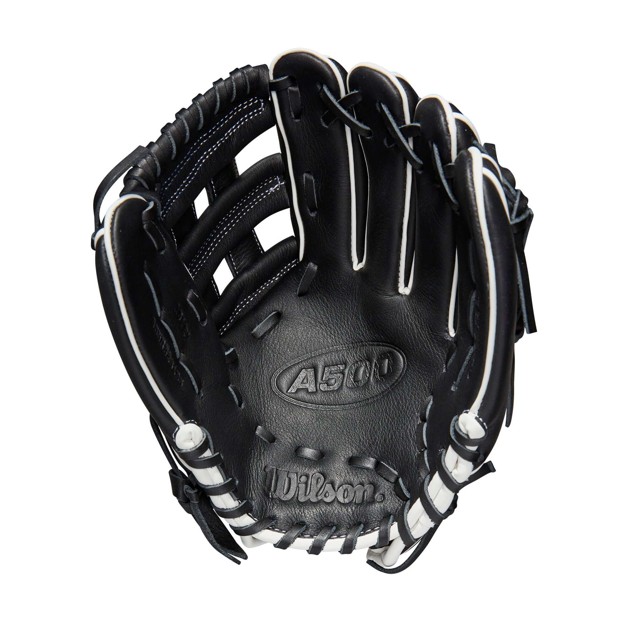 Wilson A500 10.5 baseball glove, black, white, and blonde colors, open dual post web