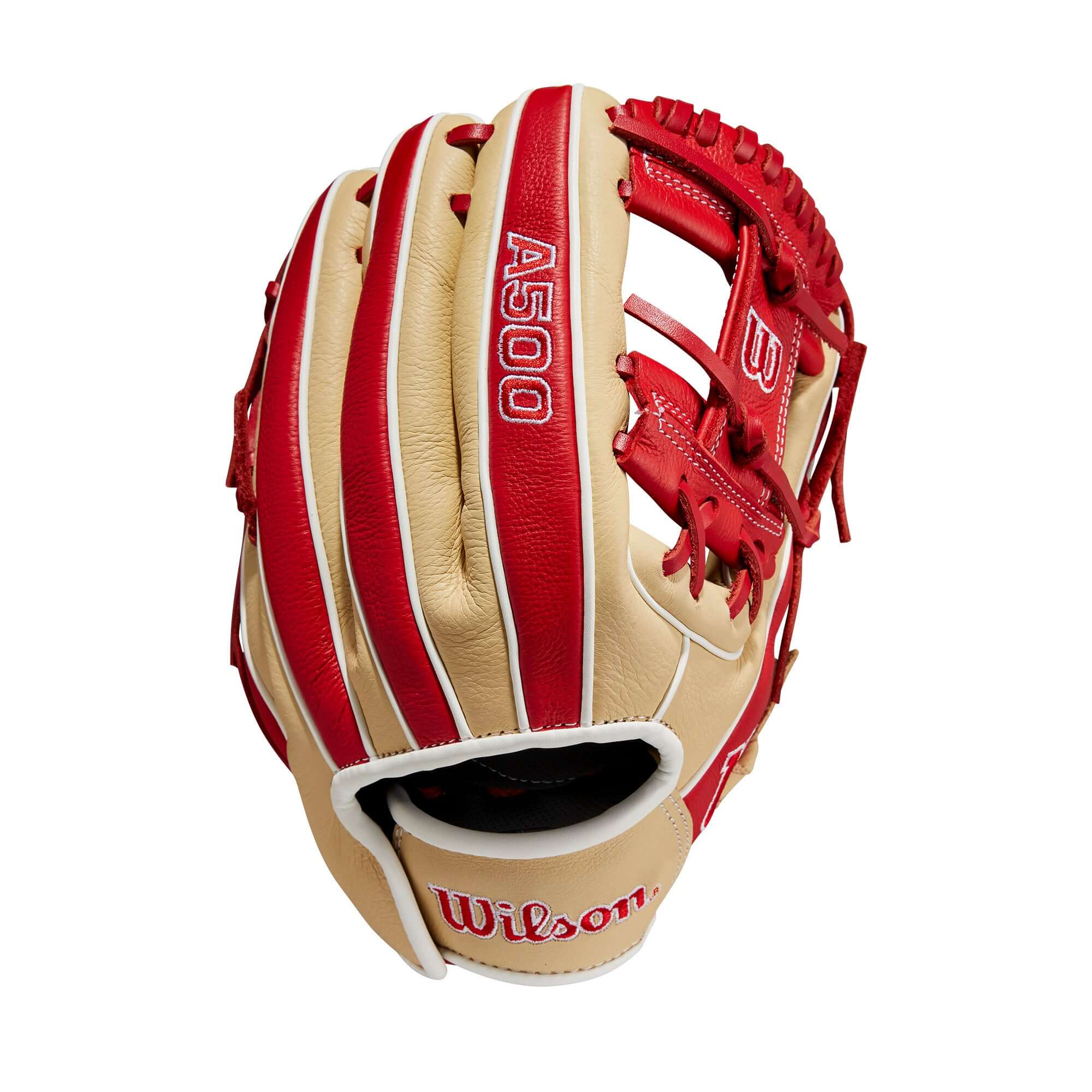 Wilson A500 11-inch youth baseball glove, all-leather construction, Blonde and Red Top Grain leather.