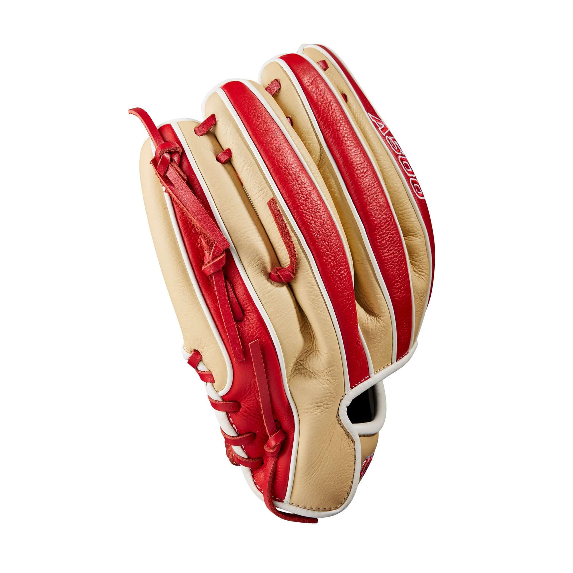 Wilson A500 11-inch youth baseball glove, all-leather construction, Blonde and Red Top Grain leather.