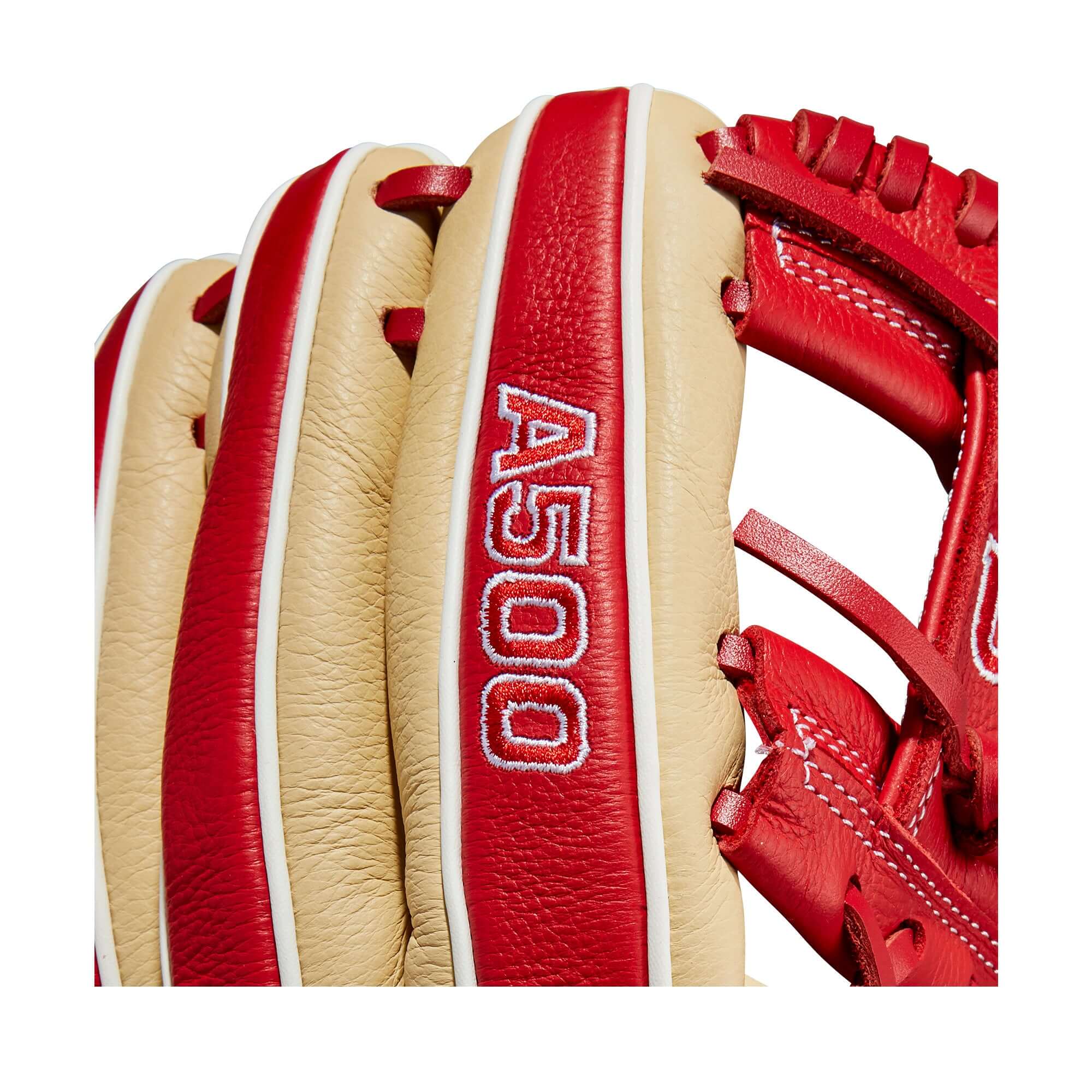 Wilson A500 11-inch youth baseball glove, all-leather construction, Blonde and Red Top Grain leather.