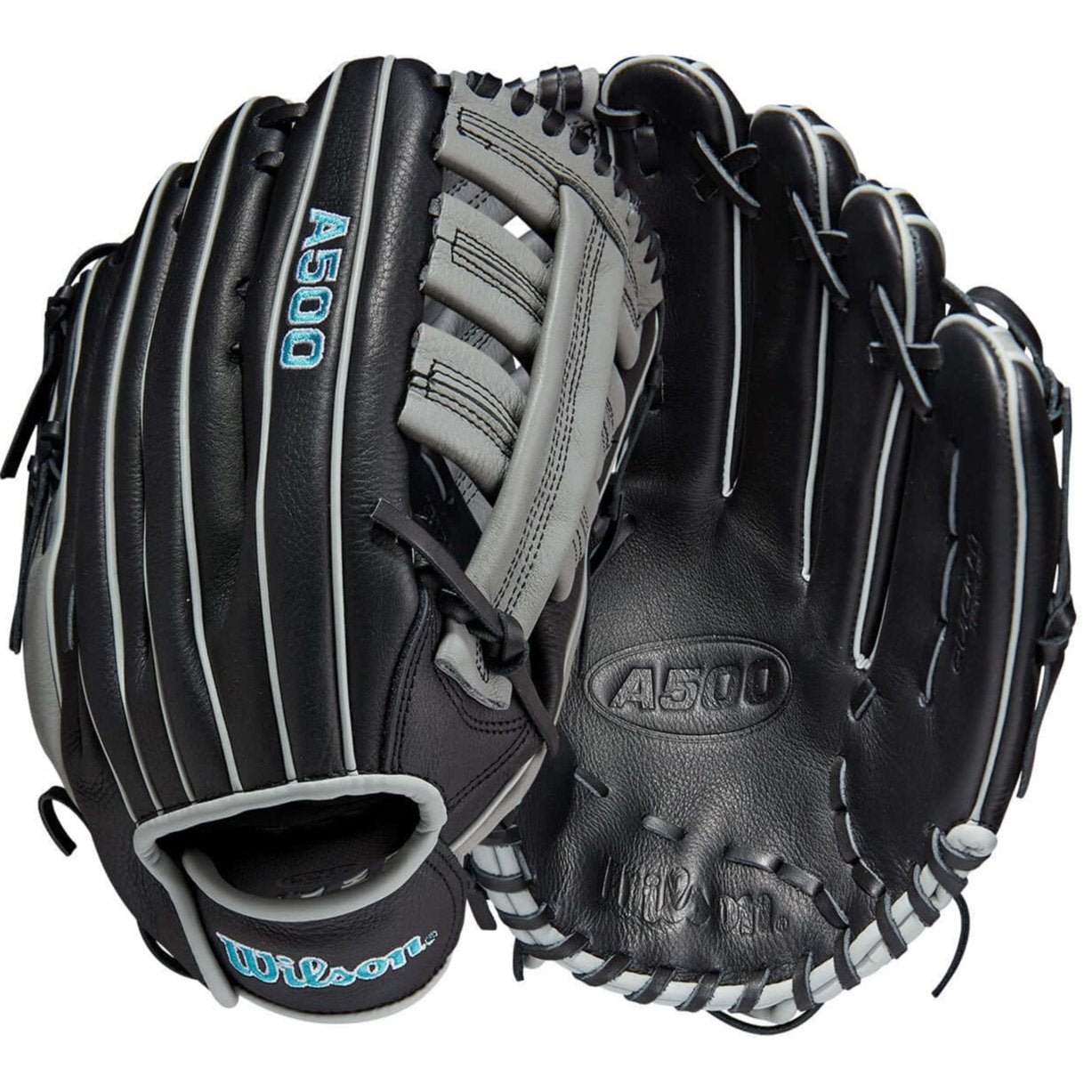 Wilson A500 12.5 youth baseball glove, grey and black leather, left-hand throw.