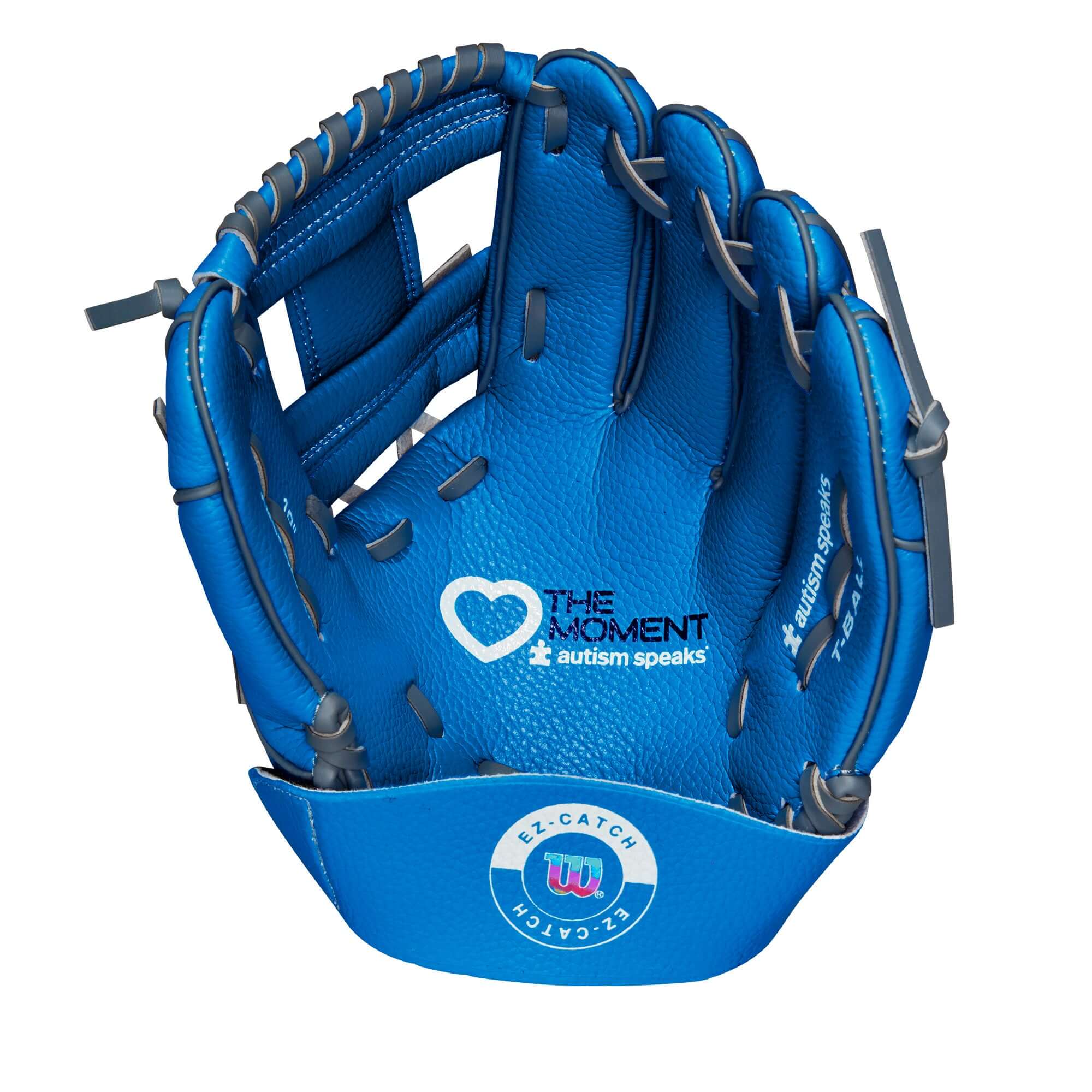 Wilson A200 Love the Moment 10 T-Ball Glove displaying Autism Speaks Blue colorway.