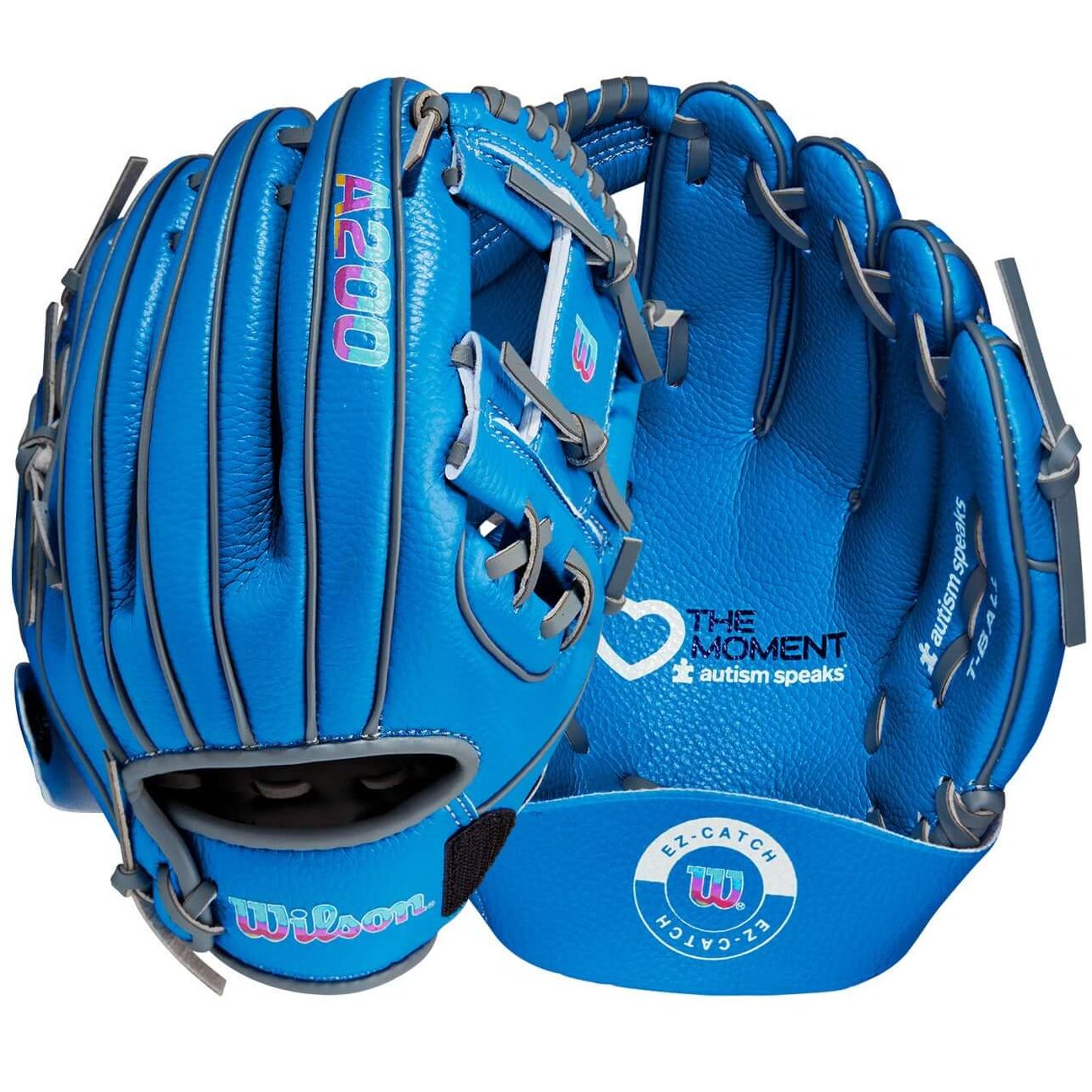 Wilson A200 Love the Moment 10 T-Ball Glove displaying Autism Speaks Blue colorway.