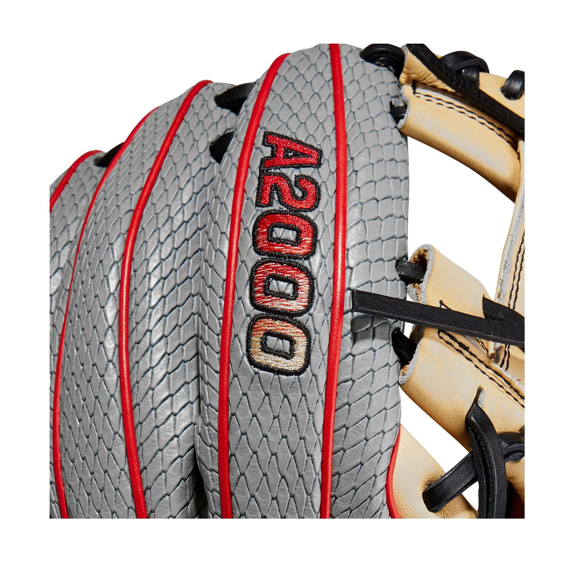Grey/Blonde/Red Wilson 2023 A2000 PF88SS Baseball Glove, 11.25, with H-Web and shallow pocket.