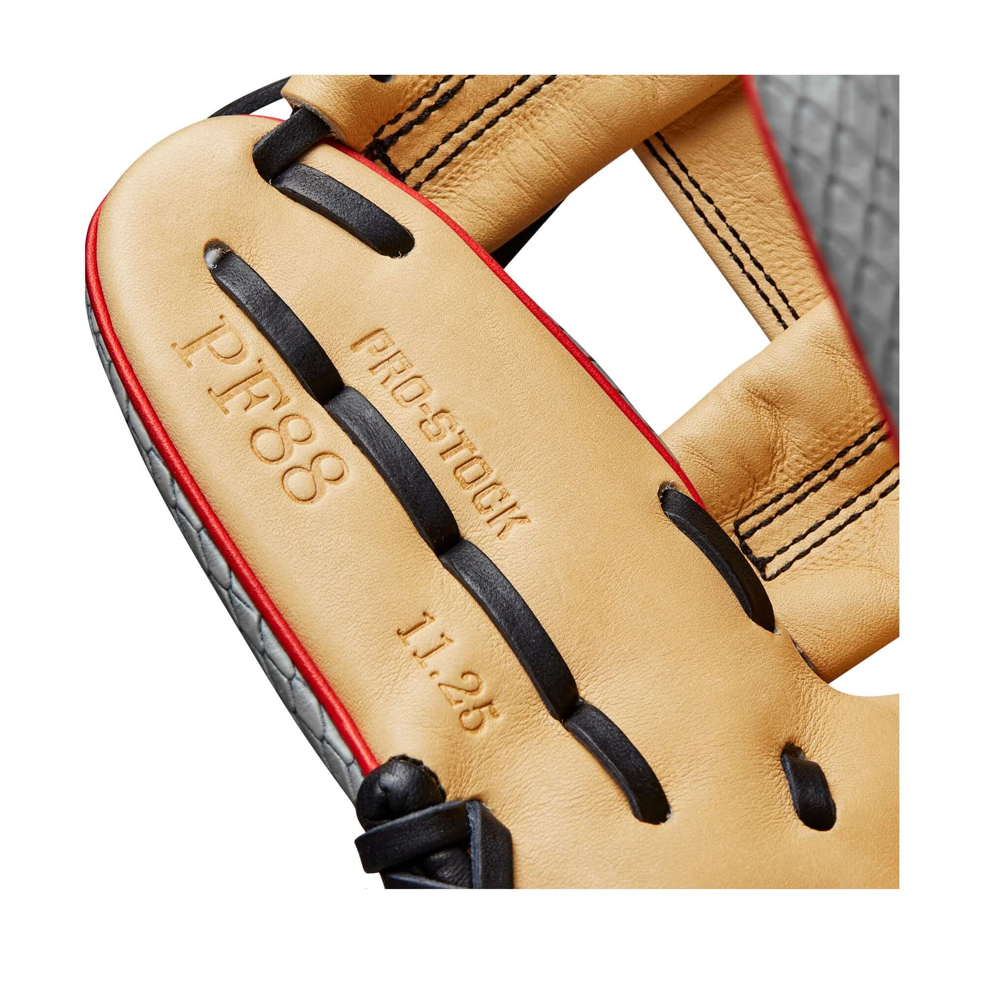 Grey/Blonde/Red Wilson 2023 A2000 PF88SS Baseball Glove, 11.25, with H-Web and shallow pocket.