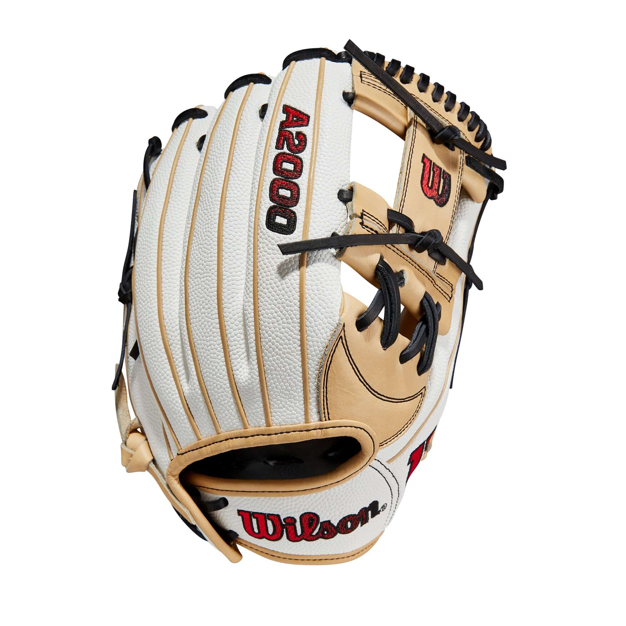 Wilson A2000FP H12SS 12-inch infield glove, white and blonde with red and black logos.