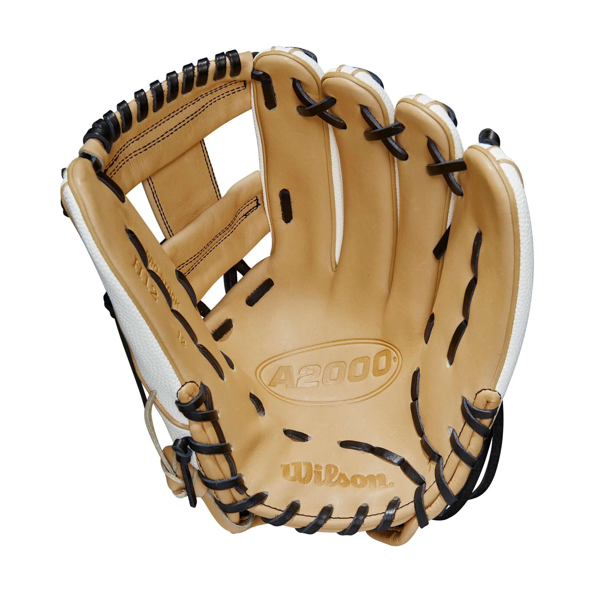 Wilson A2000FP H12SS 12-inch infield glove, white and blonde with red and black logos.