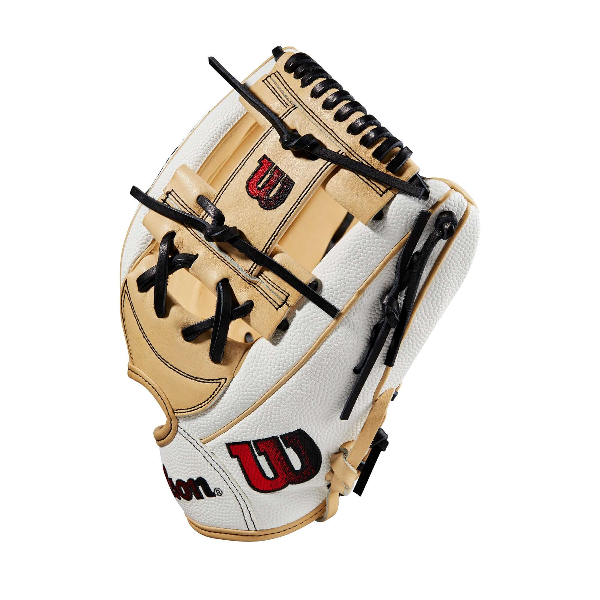 Wilson A2000FP H12SS 12-inch infield glove, white and blonde with red and black logos.