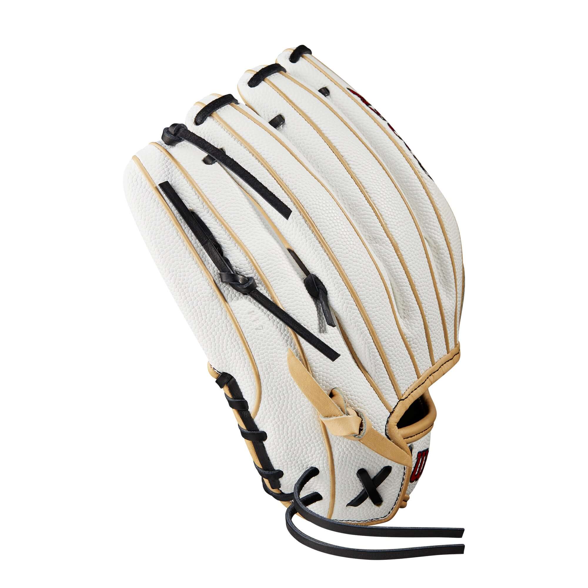 Wilson A2000FP H12SS 12-inch infield glove, white and blonde with red and black logos.