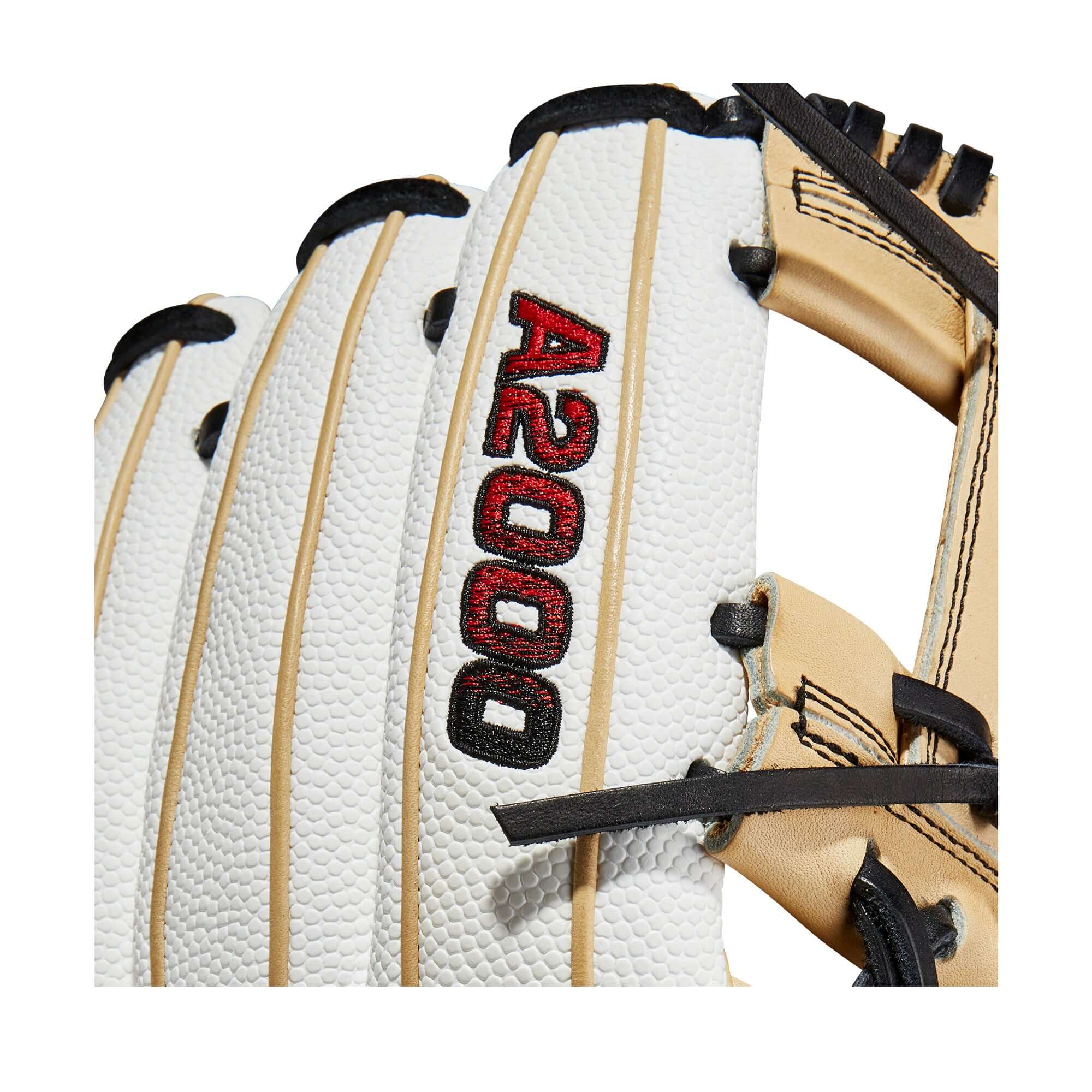 Wilson A2000FP H12SS 12-inch infield glove, white and blonde with red and black logos.