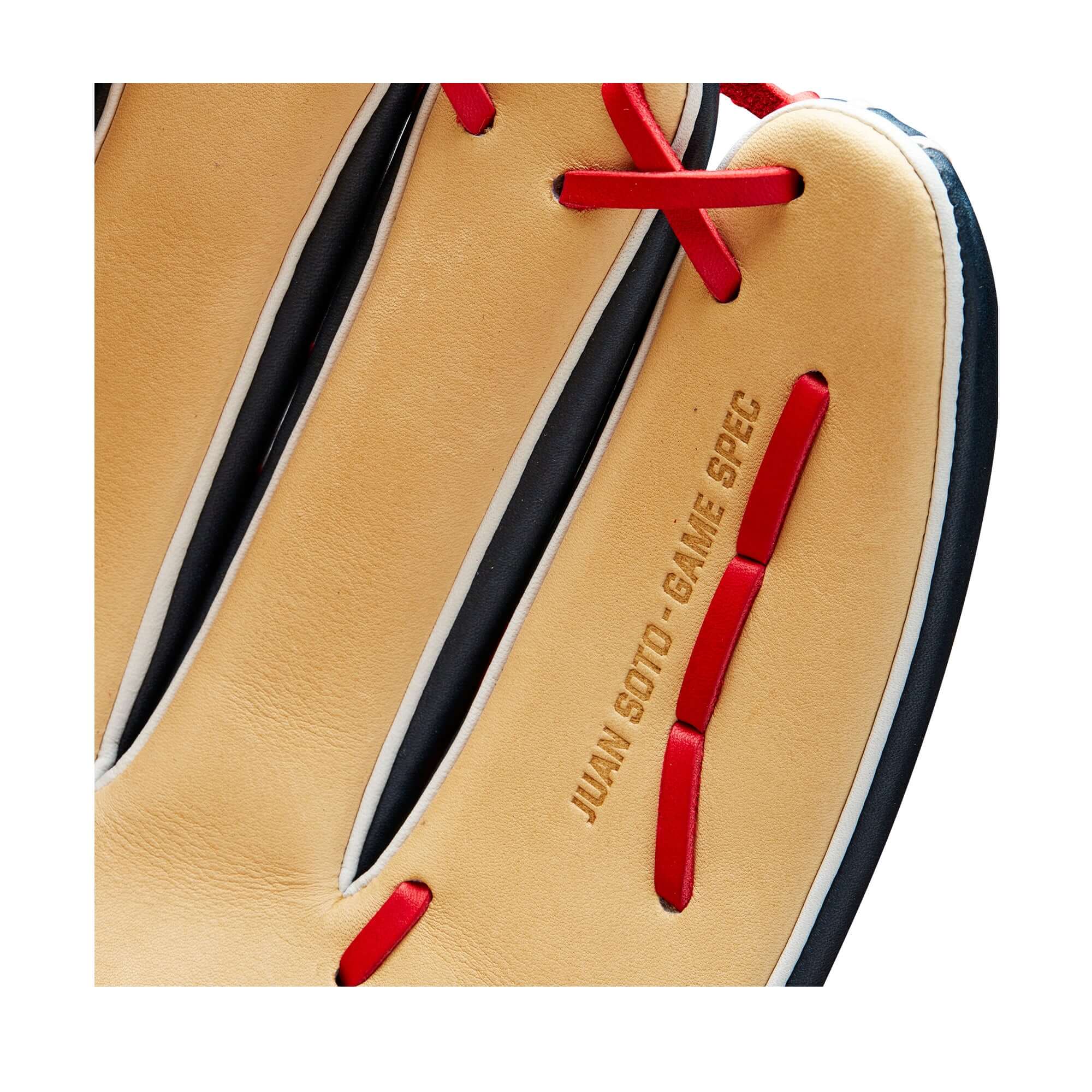Wilson 2023 A2K Juan Soto Game Model glove, 12.75-inch, Dual Post Web, Pro Stock Select leather, Juan Soto logo palm stamp.