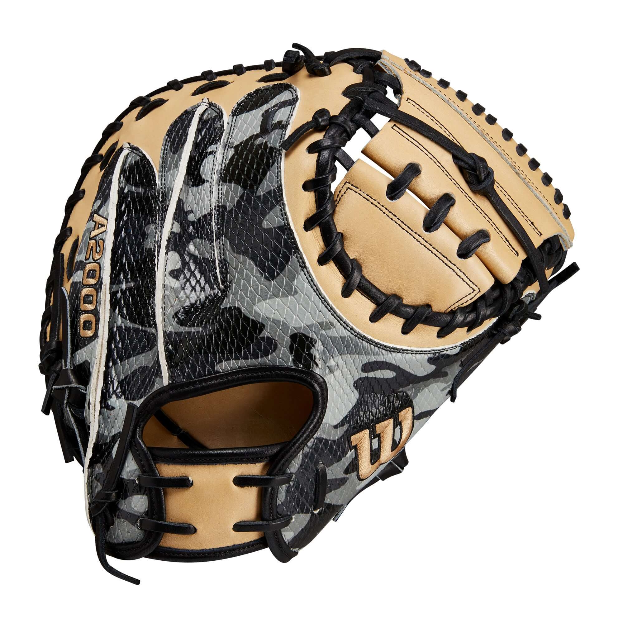 Wilson A2000 GOTM October 2022 CM33 Black Camo/Blonde 33 RHT Catchers Mitt with deep pocket and Half-Moon Web.