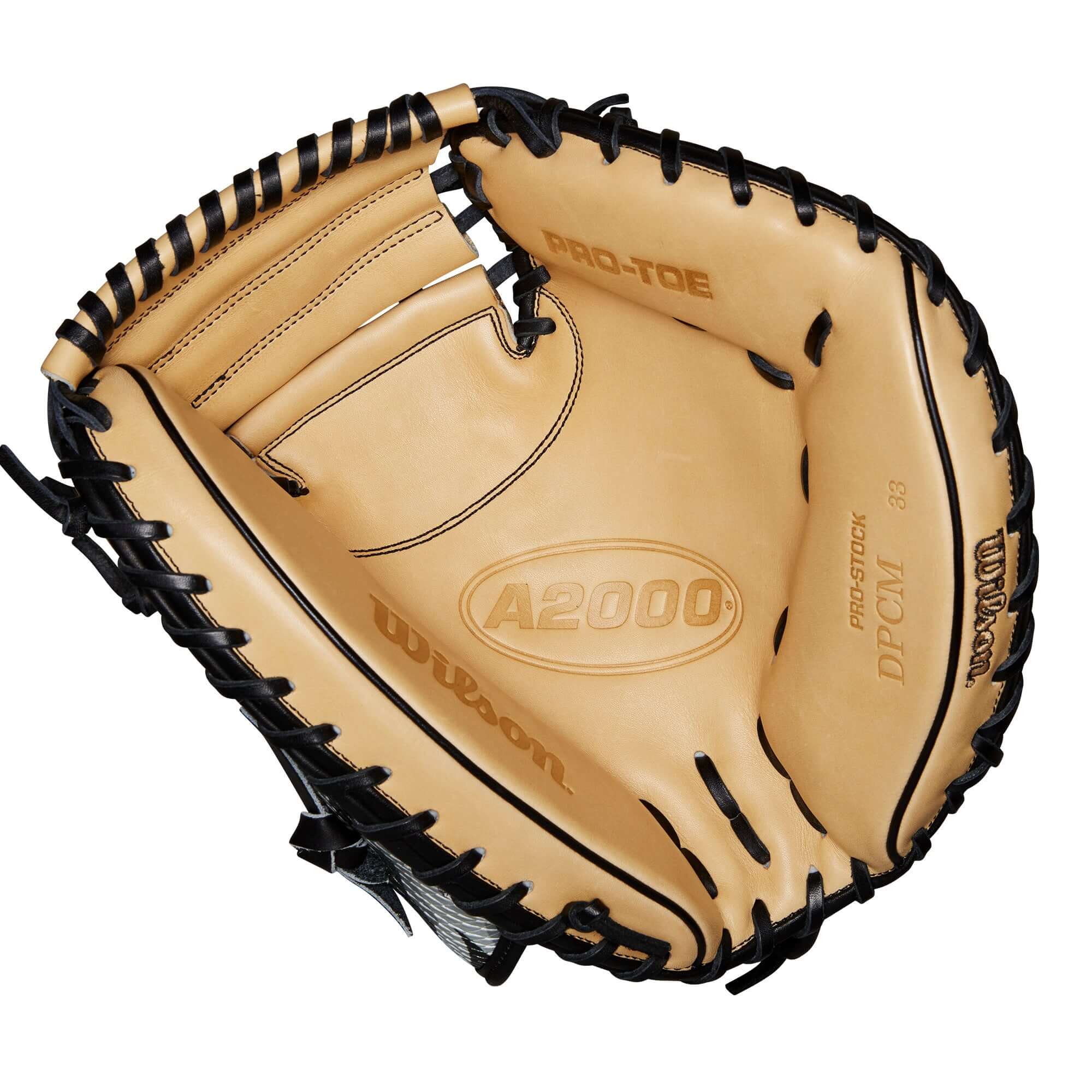 Wilson A2000 GOTM October 2022 CM33 Black Camo/Blonde 33 RHT Catchers Mitt with deep pocket and Half-Moon Web.