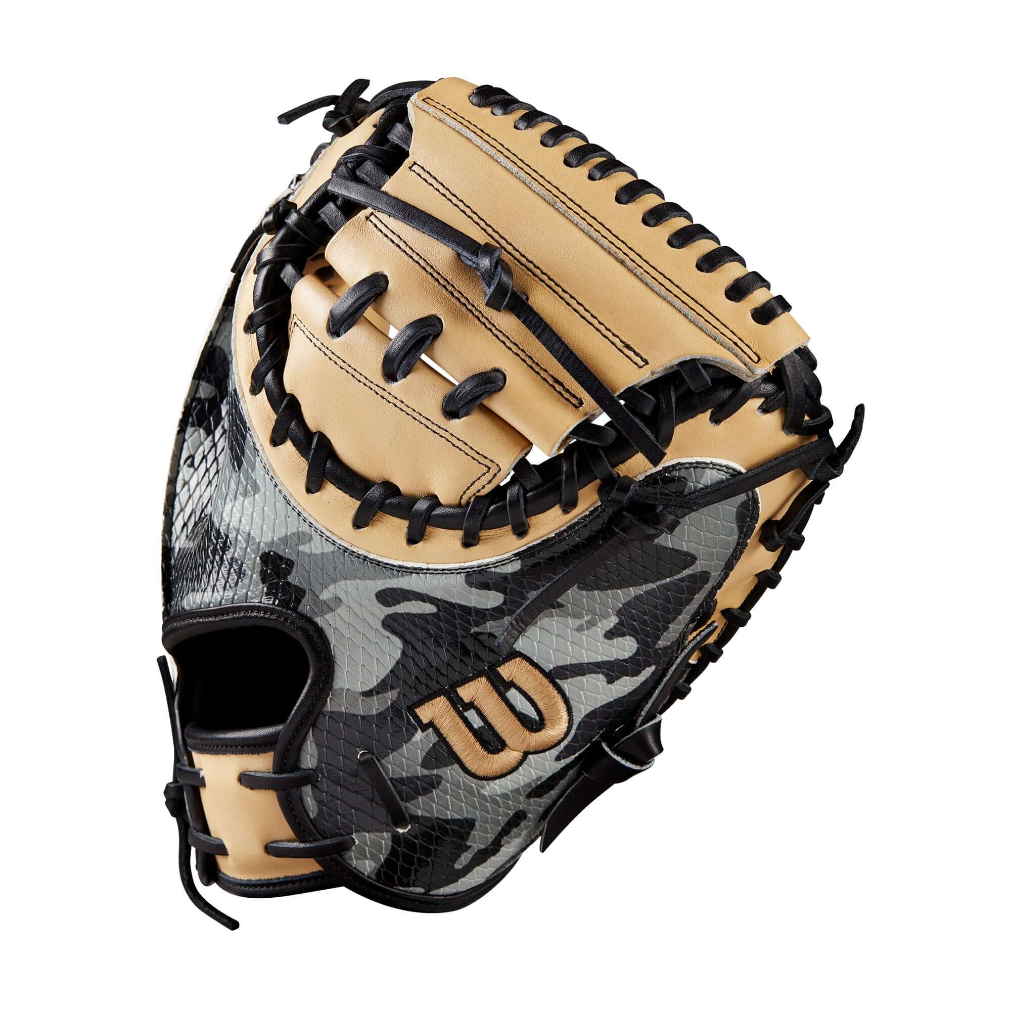Wilson A2000 GOTM October 2022 CM33 Black Camo/Blonde 33 RHT Catchers Mitt with deep pocket and Half-Moon Web.