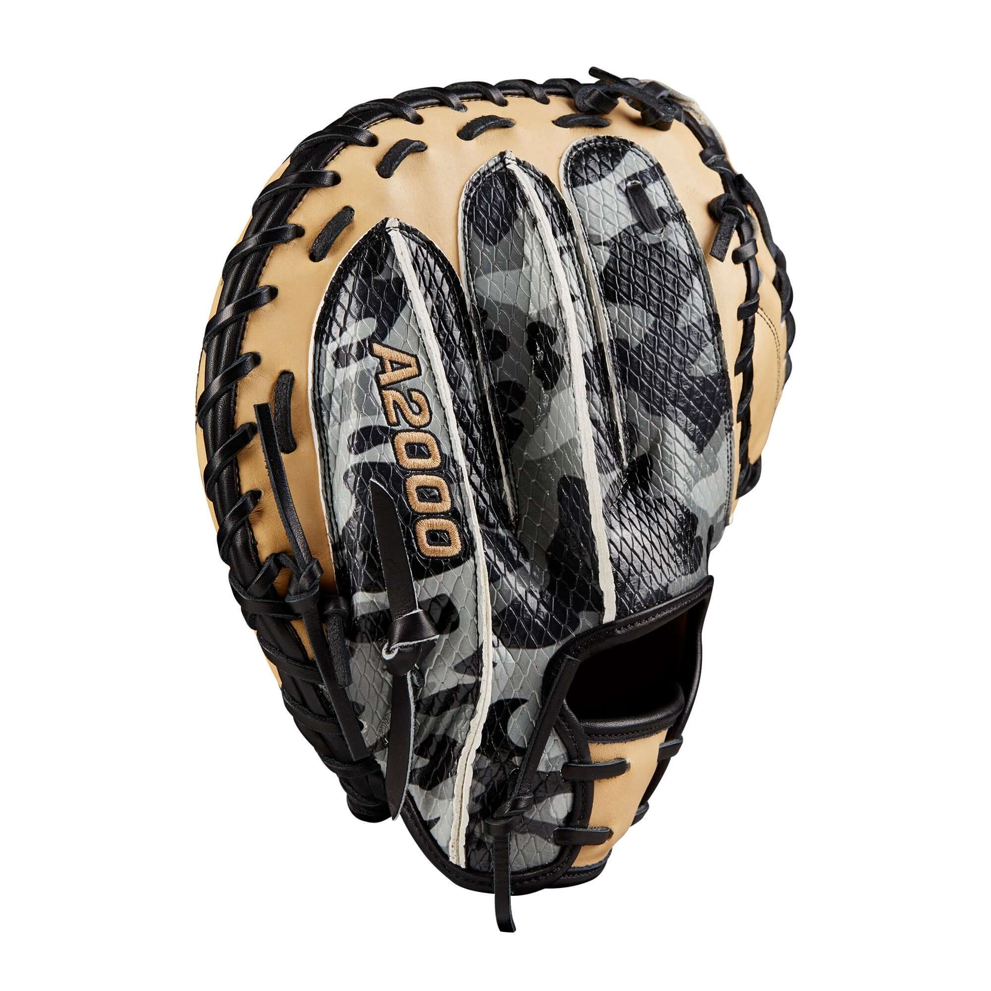 Wilson A2000 GOTM October 2022 CM33 Black Camo/Blonde 33 RHT Catchers Mitt with deep pocket and Half-Moon Web.